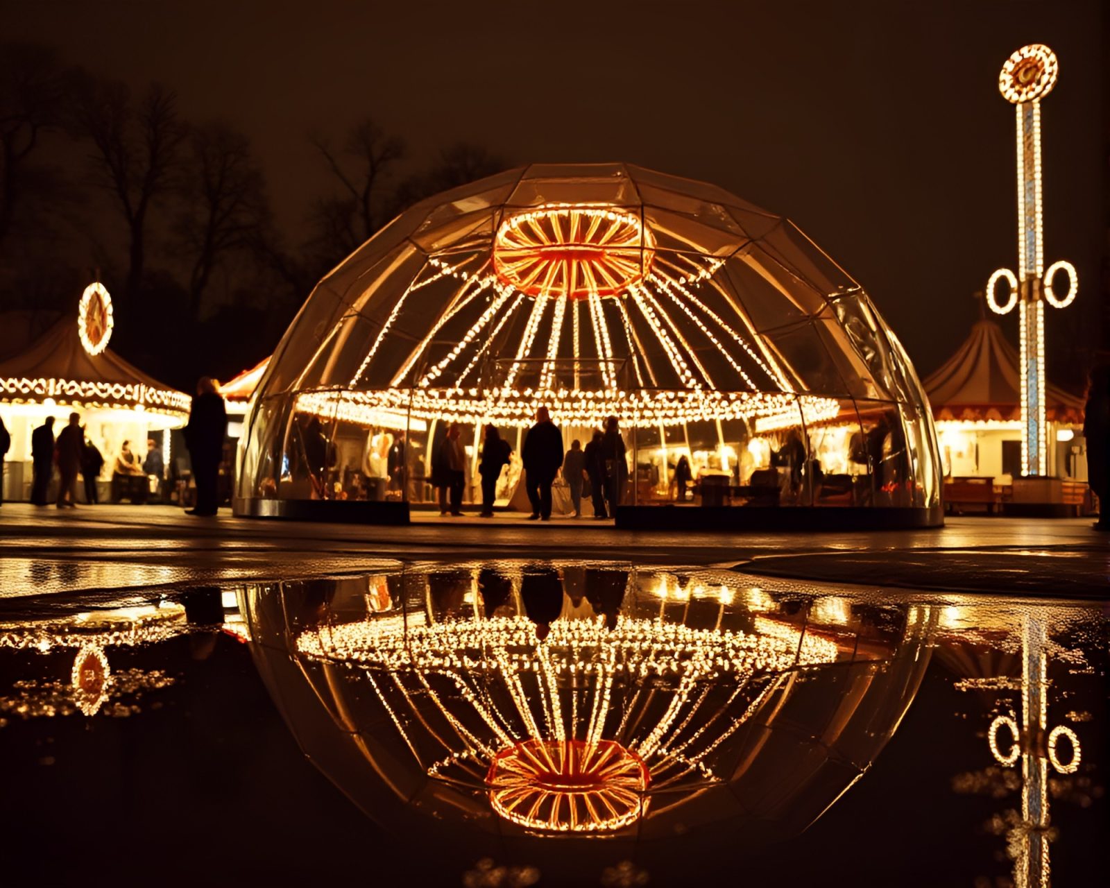 Puddle reflecting glass igloo at carnival in sepia tones
