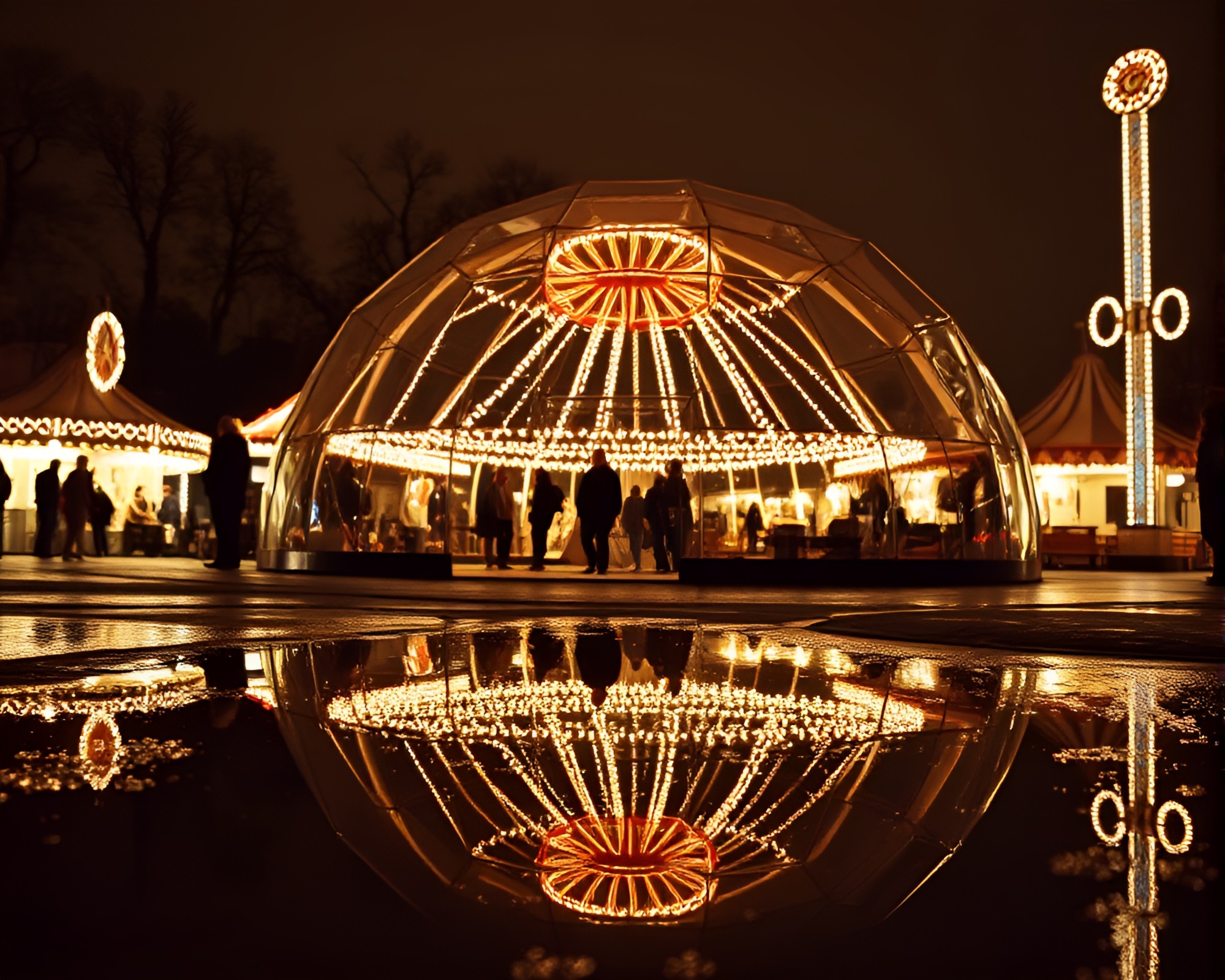 Glass Igloo Reflection with Sepia Carnival Lights – free AI stock image