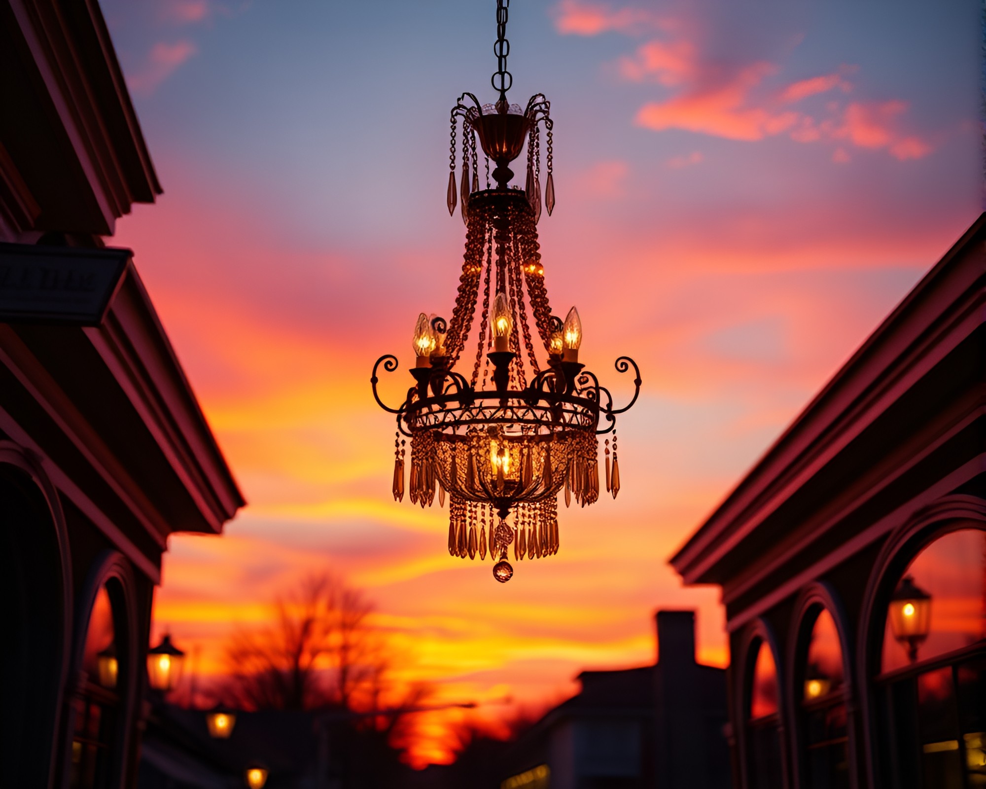 Victorian chandelier in warm oil slick sunset hues – free AI stock image