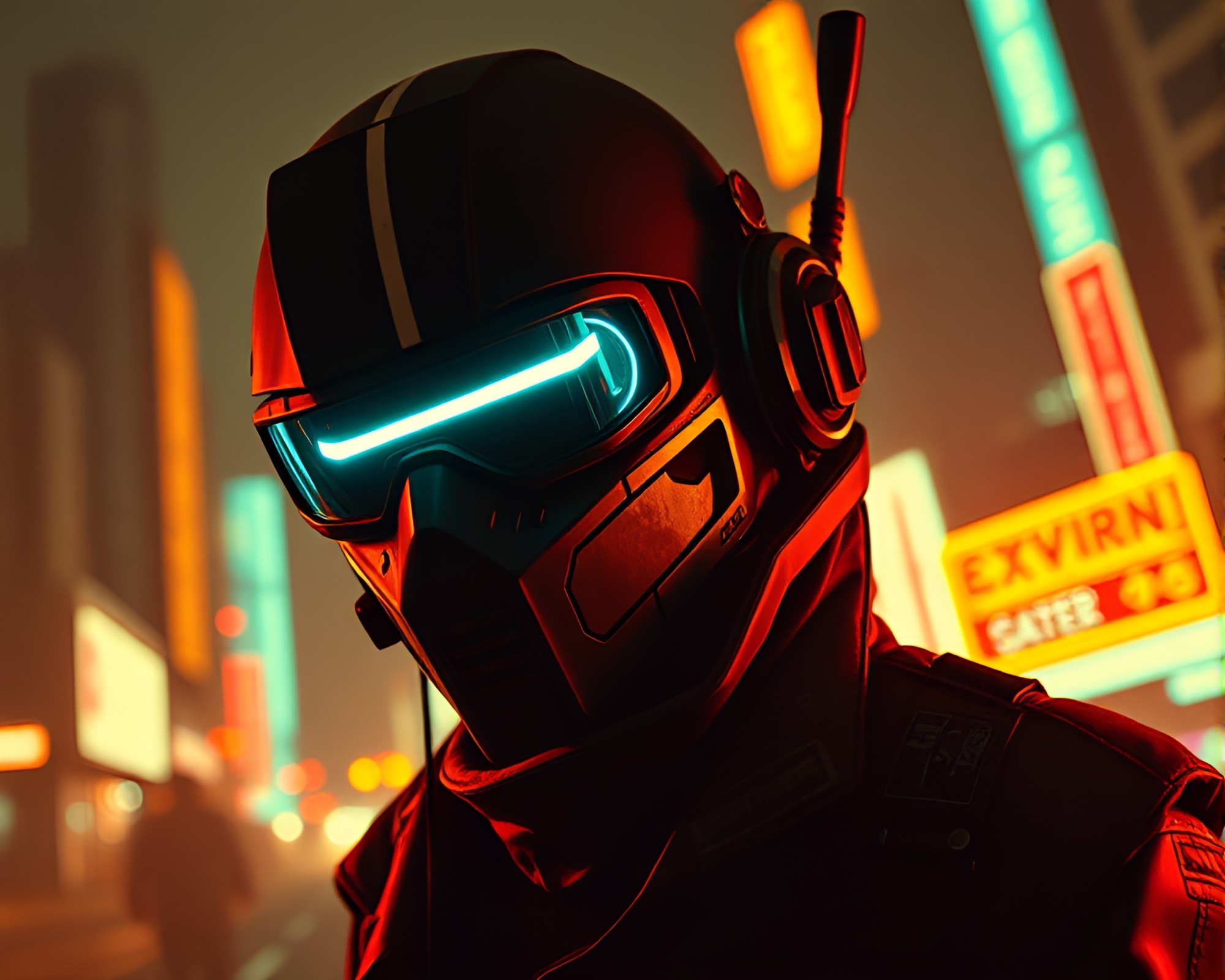 Cyberpunk Vigilante in Tilted Surrealist Cityscape – free AI stock image