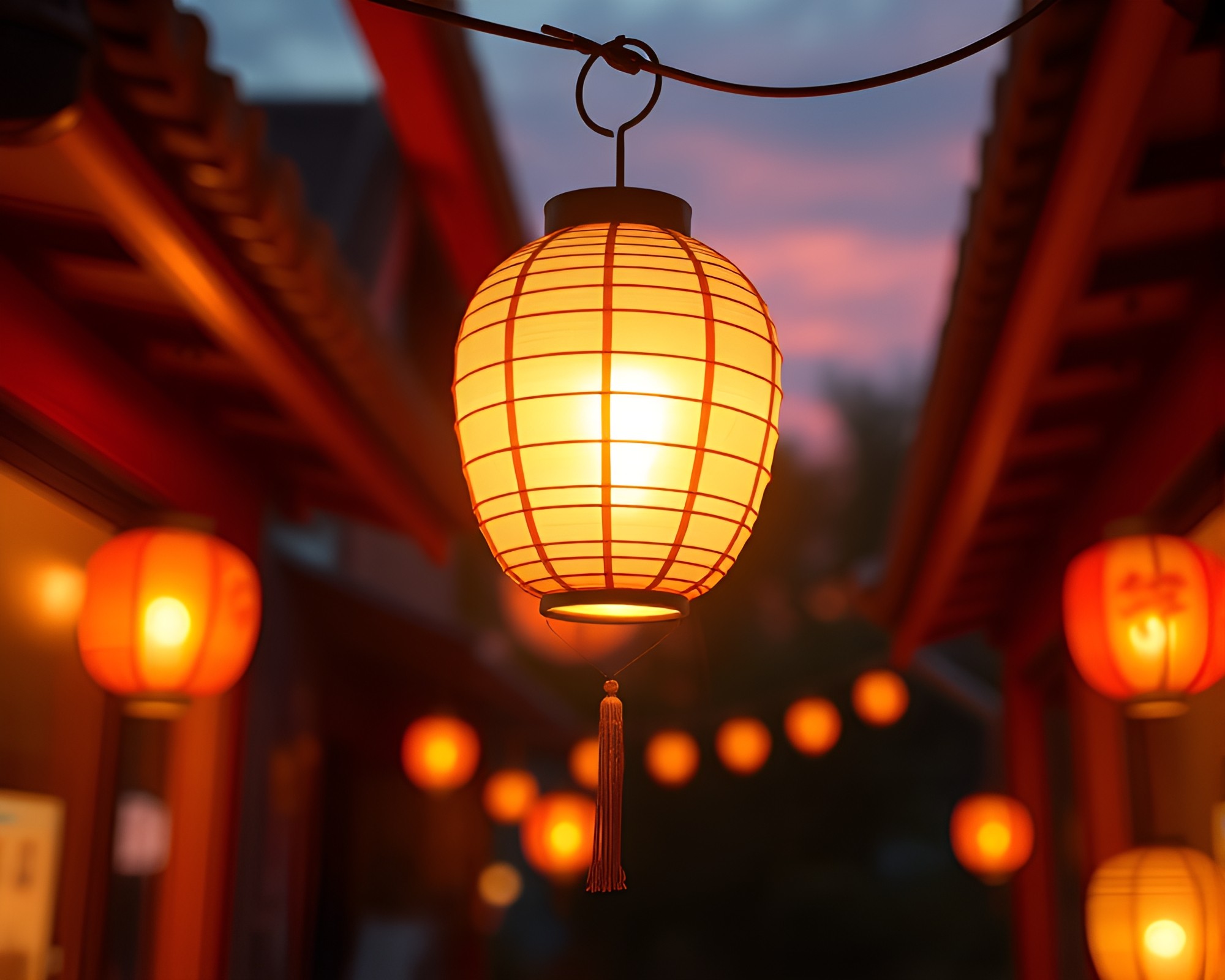 Whimsical Cartoon Paper Lanterns at Golden Hour Dusk – free AI stock image