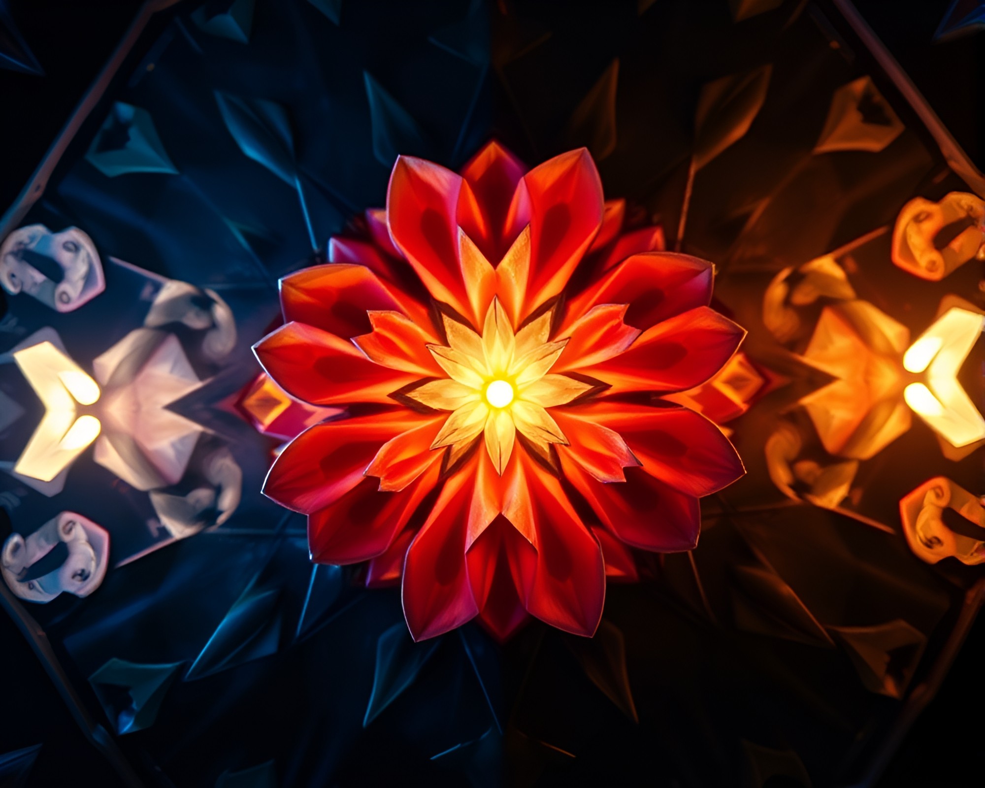 Origami Flower Kaleidoscope in Dungeon Torchlight – free AI stock image