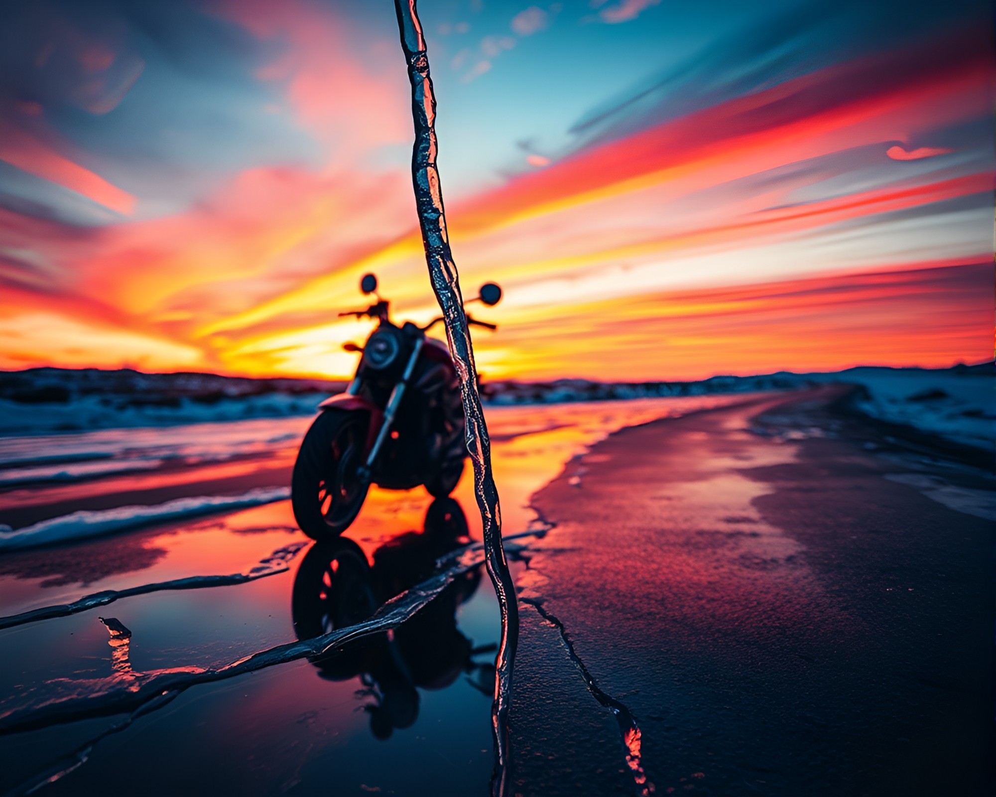 Neon Motorcycle on Cracked Ice at Sunset – free AI stock image