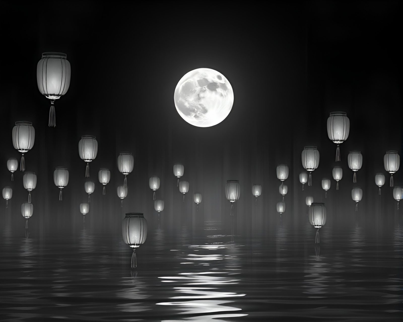 Grisaille painting of floating lanterns casting shadows on water