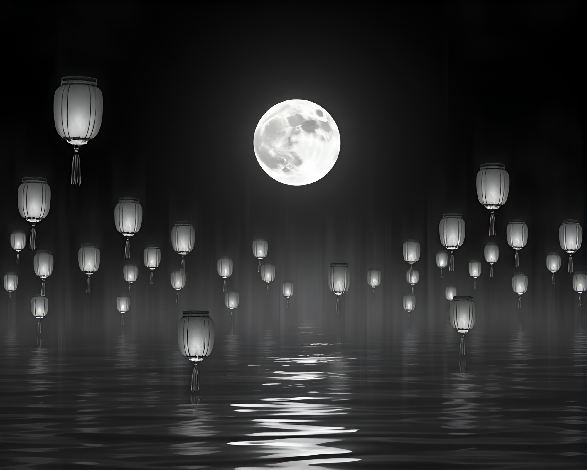 Moonlit Lanterns Reflecting on Distorted Waters – free AI stock image