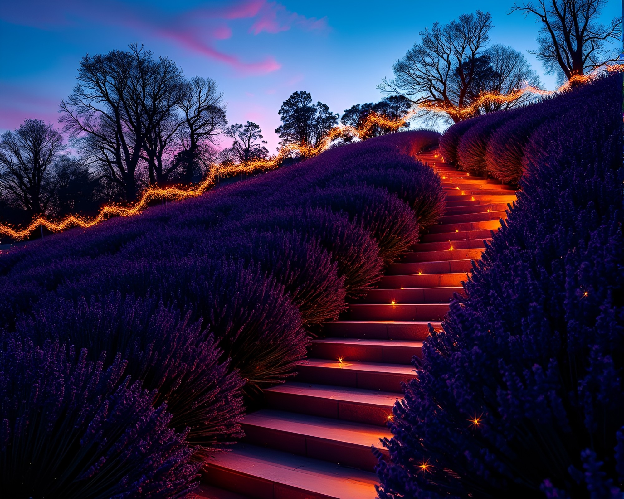 Twilight Escher Staircase with Sparkler Trails – free AI stock image