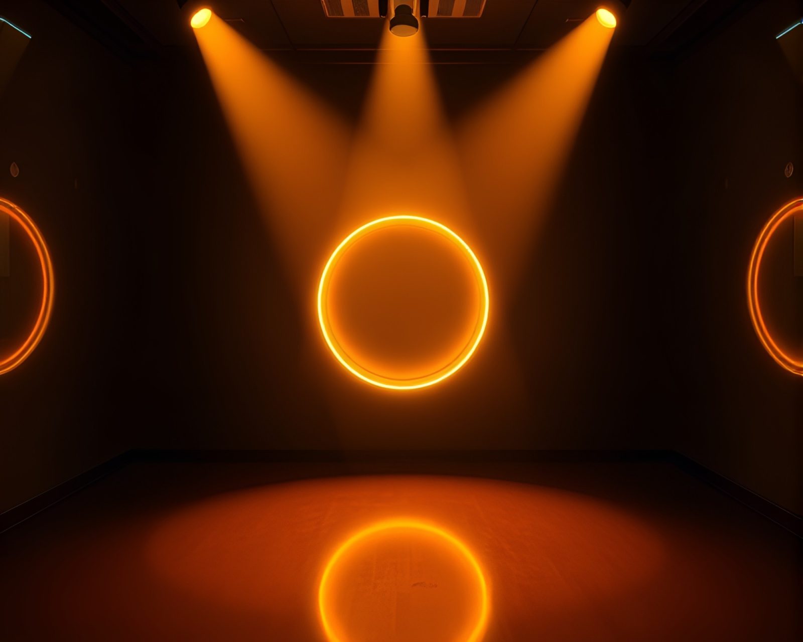 Vibrant neon ring reflection in spotlight on yellow backdrop