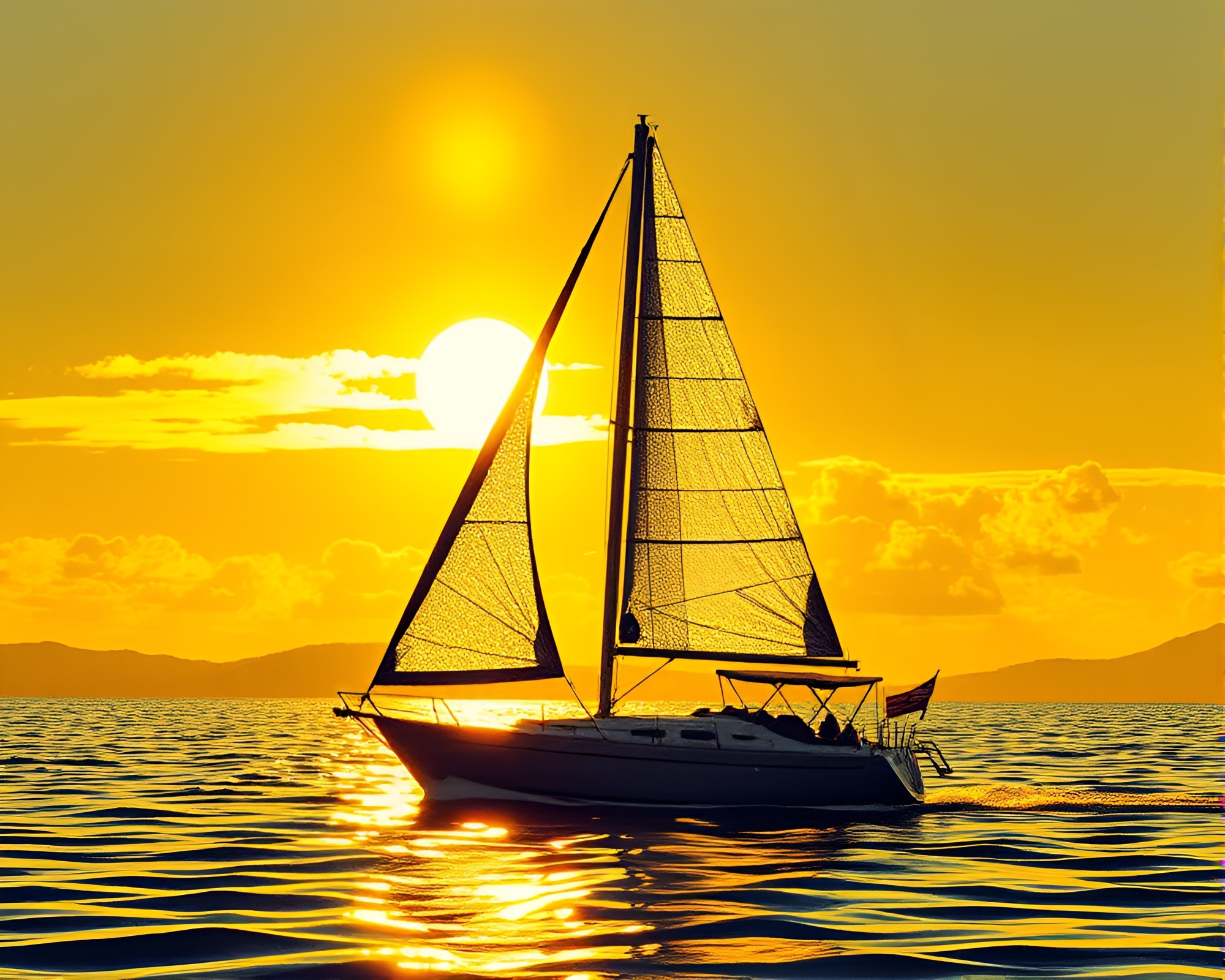 Golden Hour Solar Sailboat with Foil Stamping Detail – free AI stock image