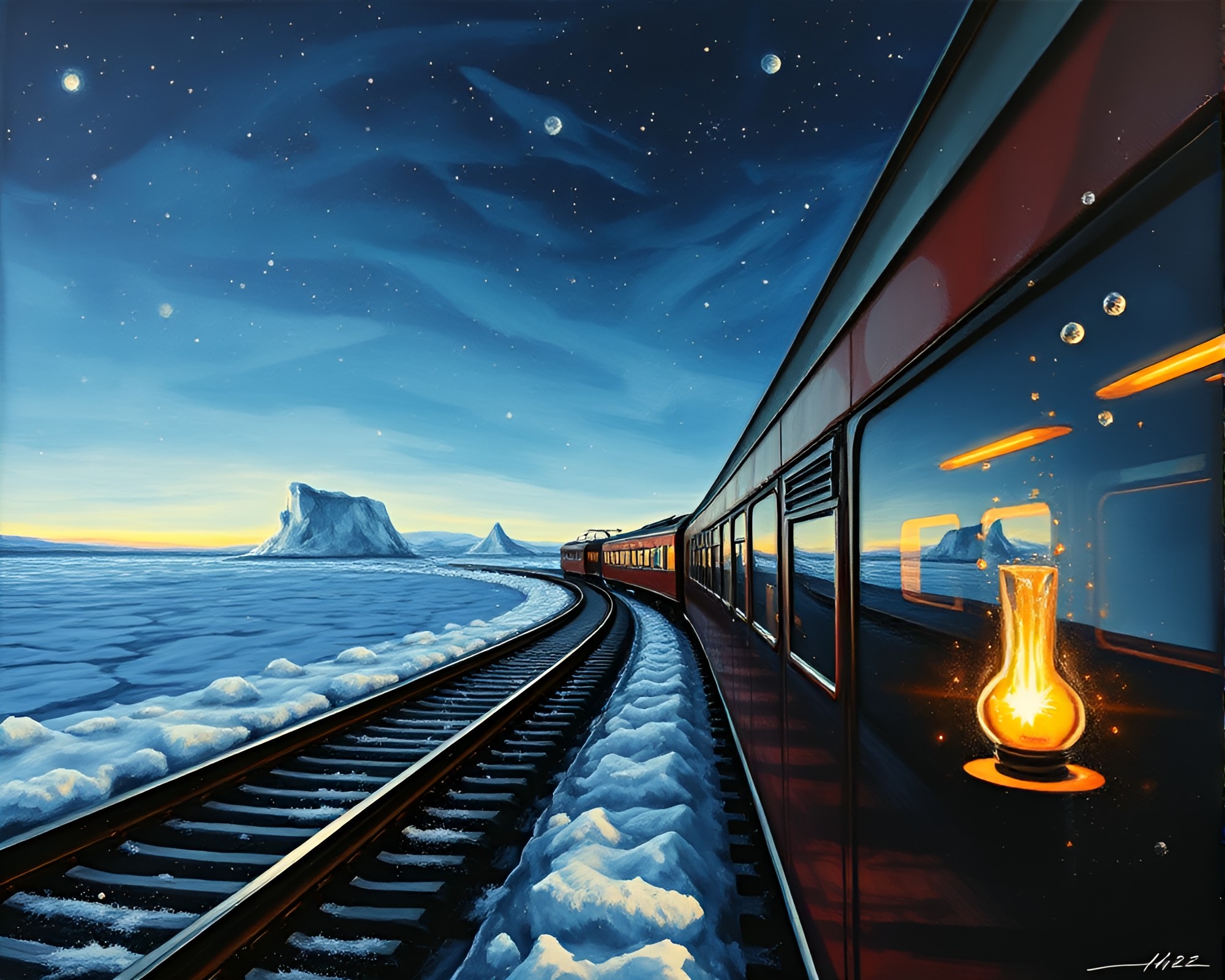 Arctic Iceberg Train Light Trails Encaustic Painting Fantasy – free AI stock image