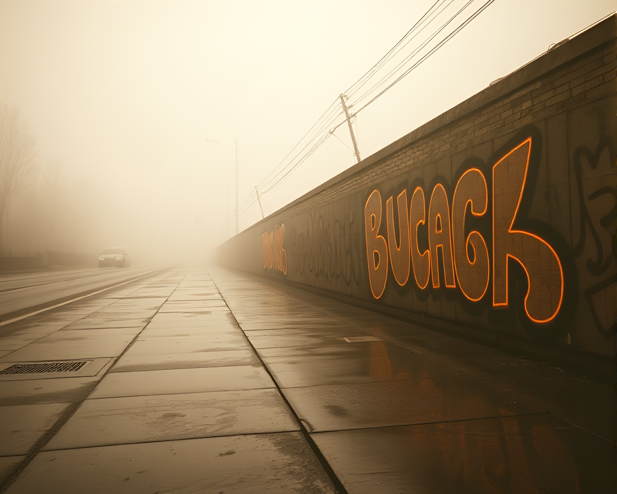 Neon Graffiti in Sepia: Foggy Wet Pavement Composition – free AI stock image