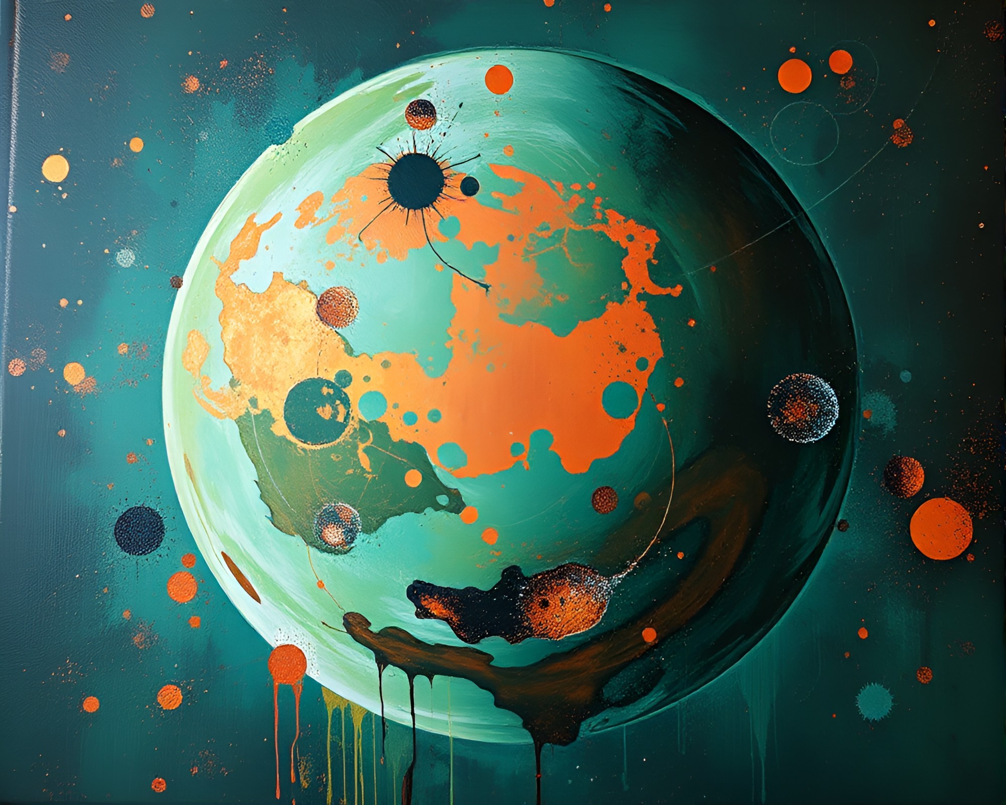 Copper Verdigris Planet: Pastel Spray Paint Artwork – free AI stock image
