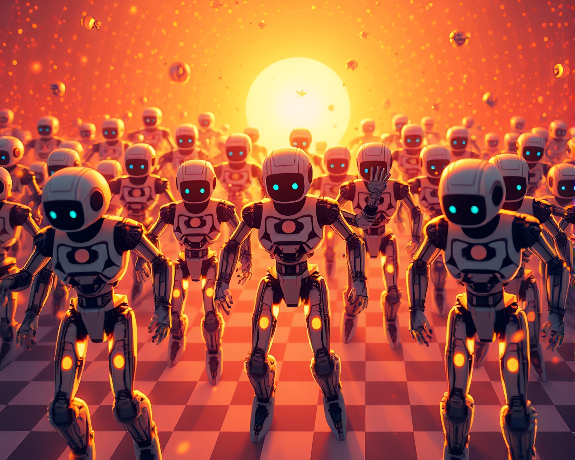 Nanobot Checkered Fashion Swarm in Warm Afternoon Glow – free AI stock image