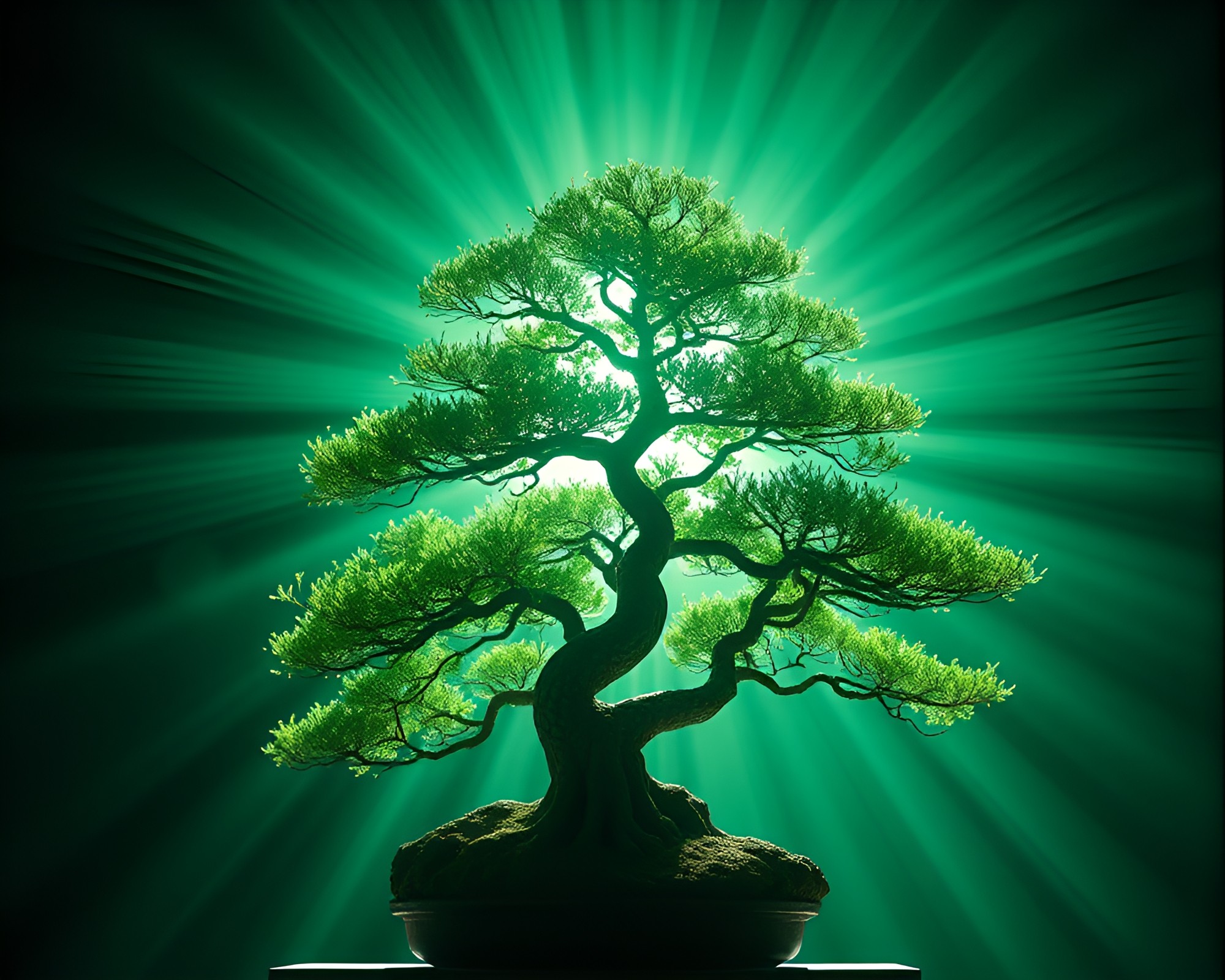 Emerald Flare: Architectural Bonsai Illumination – free AI stock image