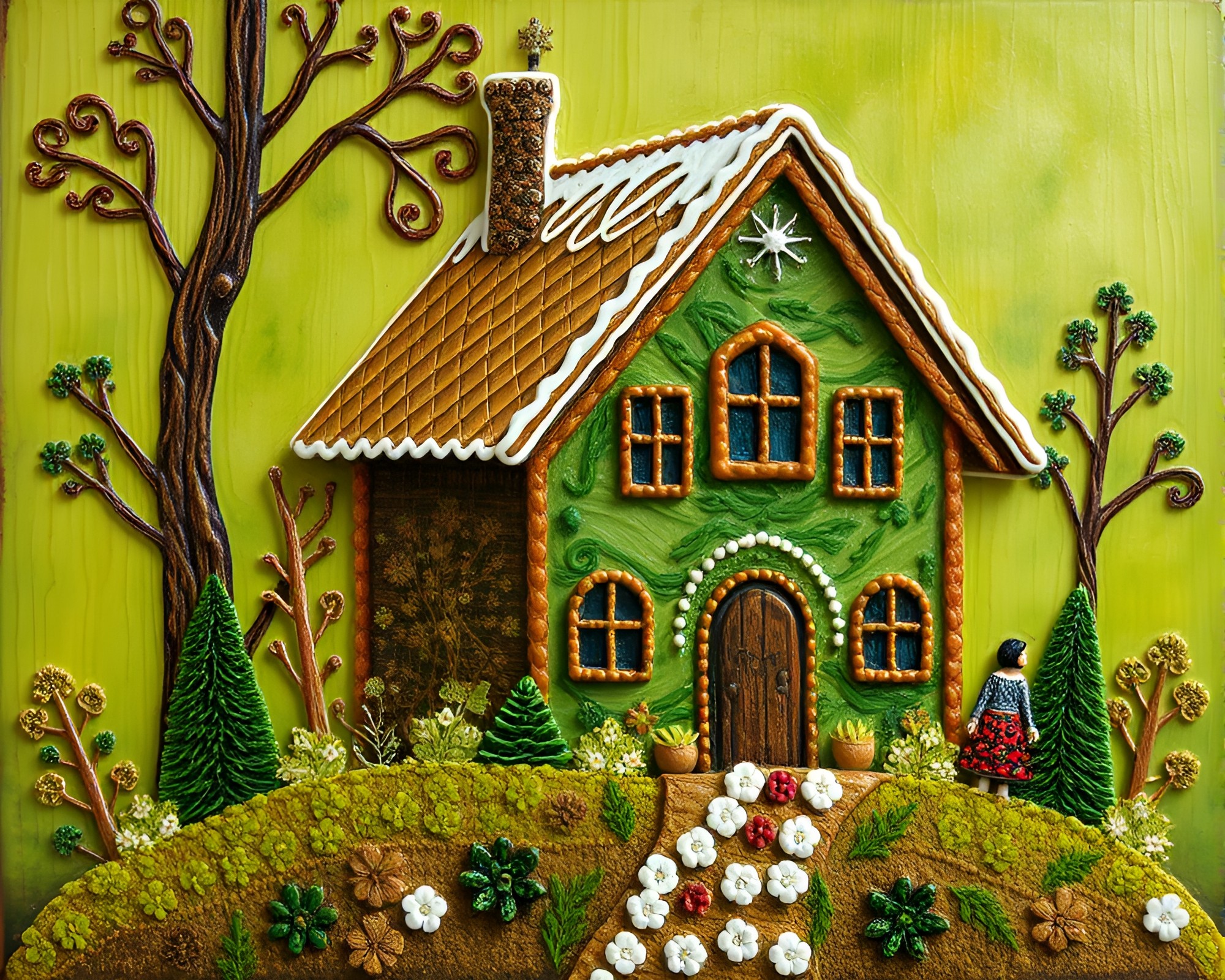 Encaustic Gingerbread House in Rainforest Haze – free AI stock image