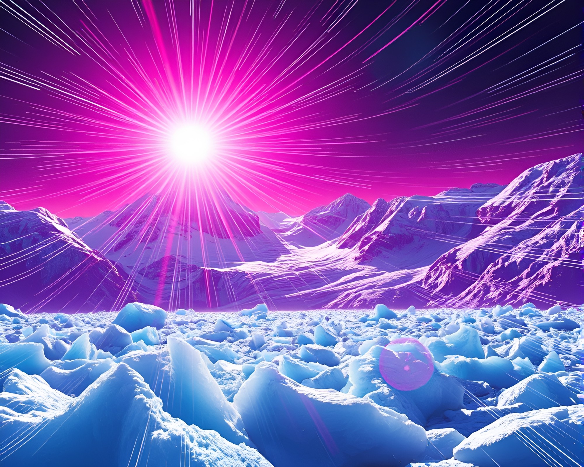 Glacier in Retrowave: Lens Flare Crosshatching – free AI stock image