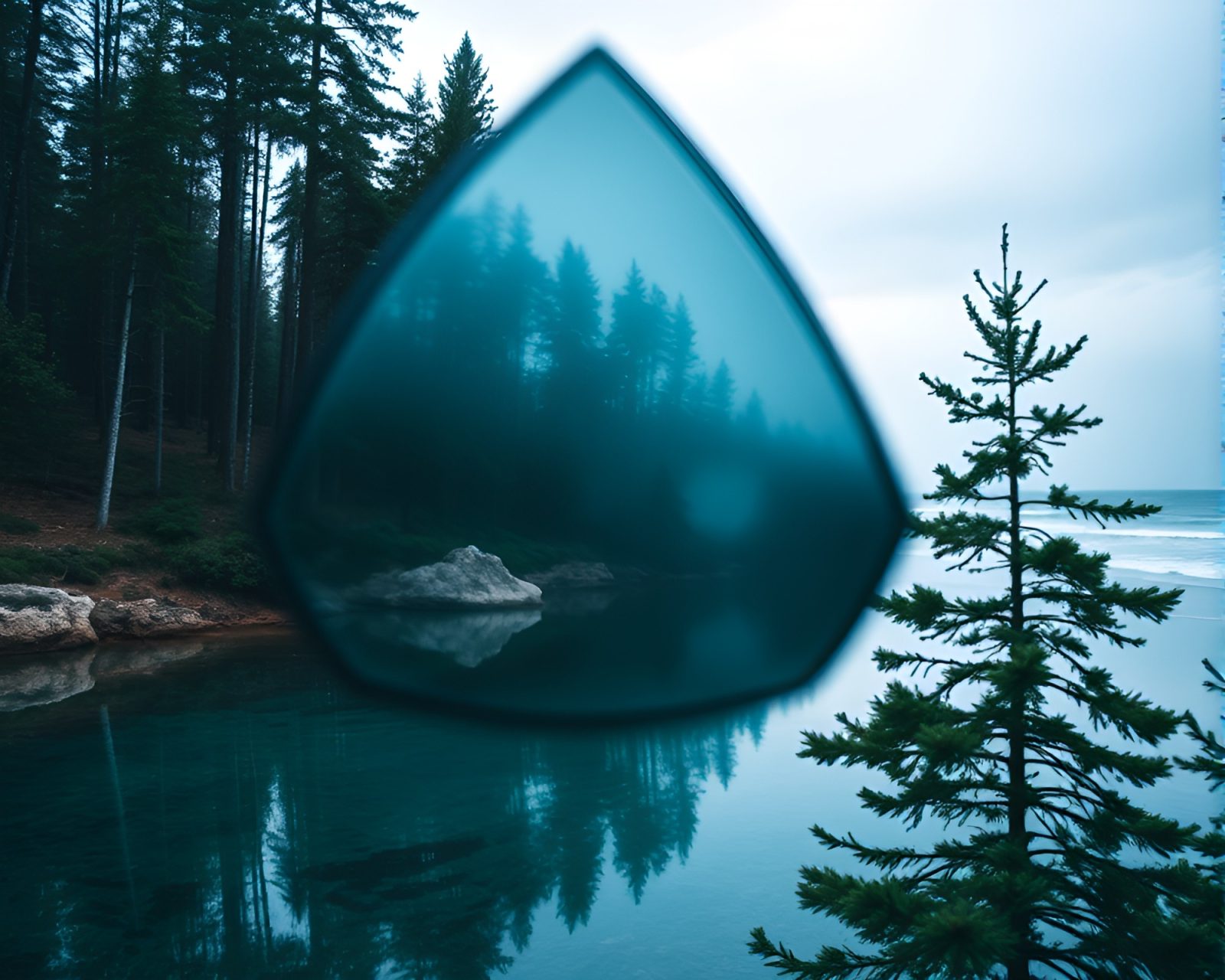 Mirror shard reflecting mystical forest in ocean-blue hues