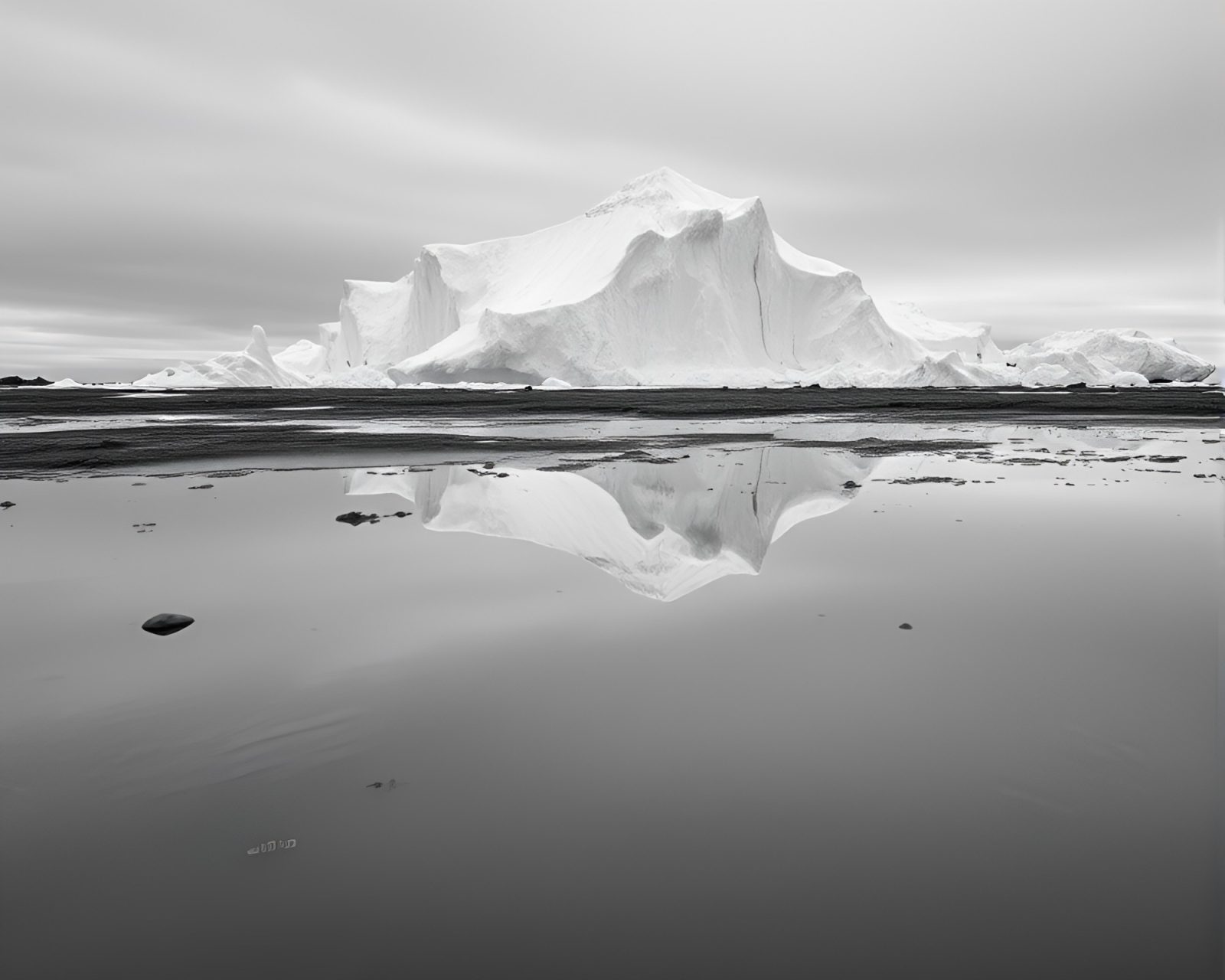 Arctic iceberg reflected in lemon-yellow puddle, monochrome style