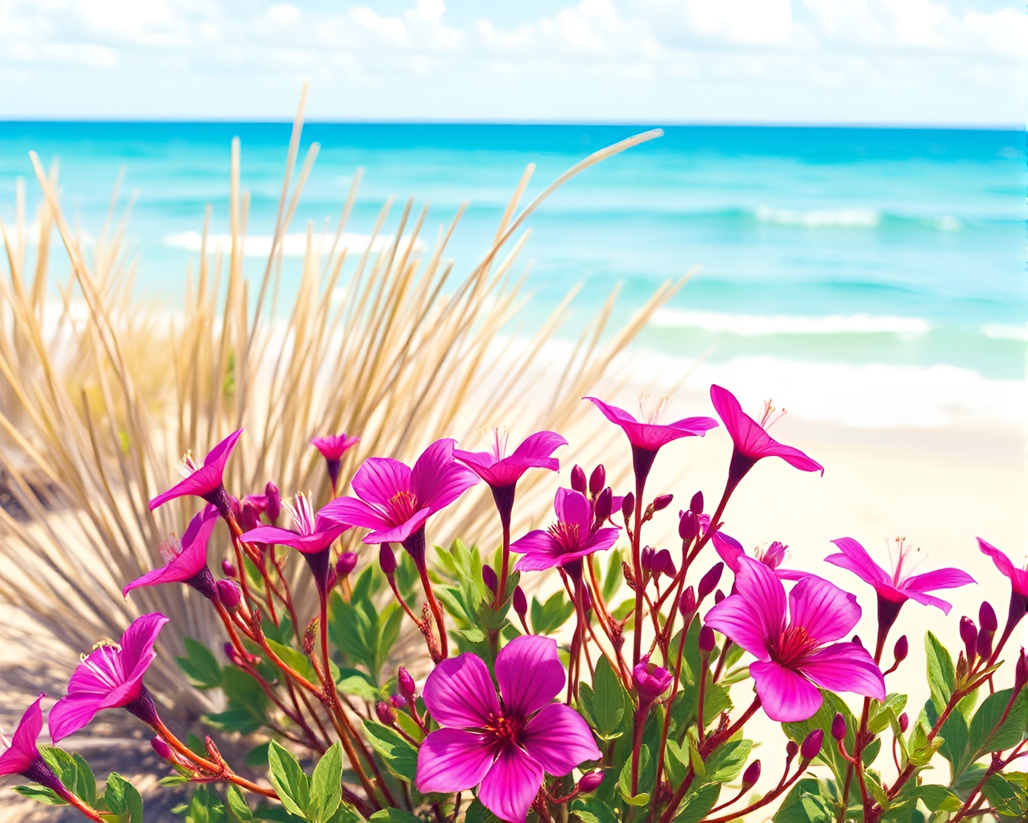 Botanical Beach: Summer Magenta Delight – free AI stock image