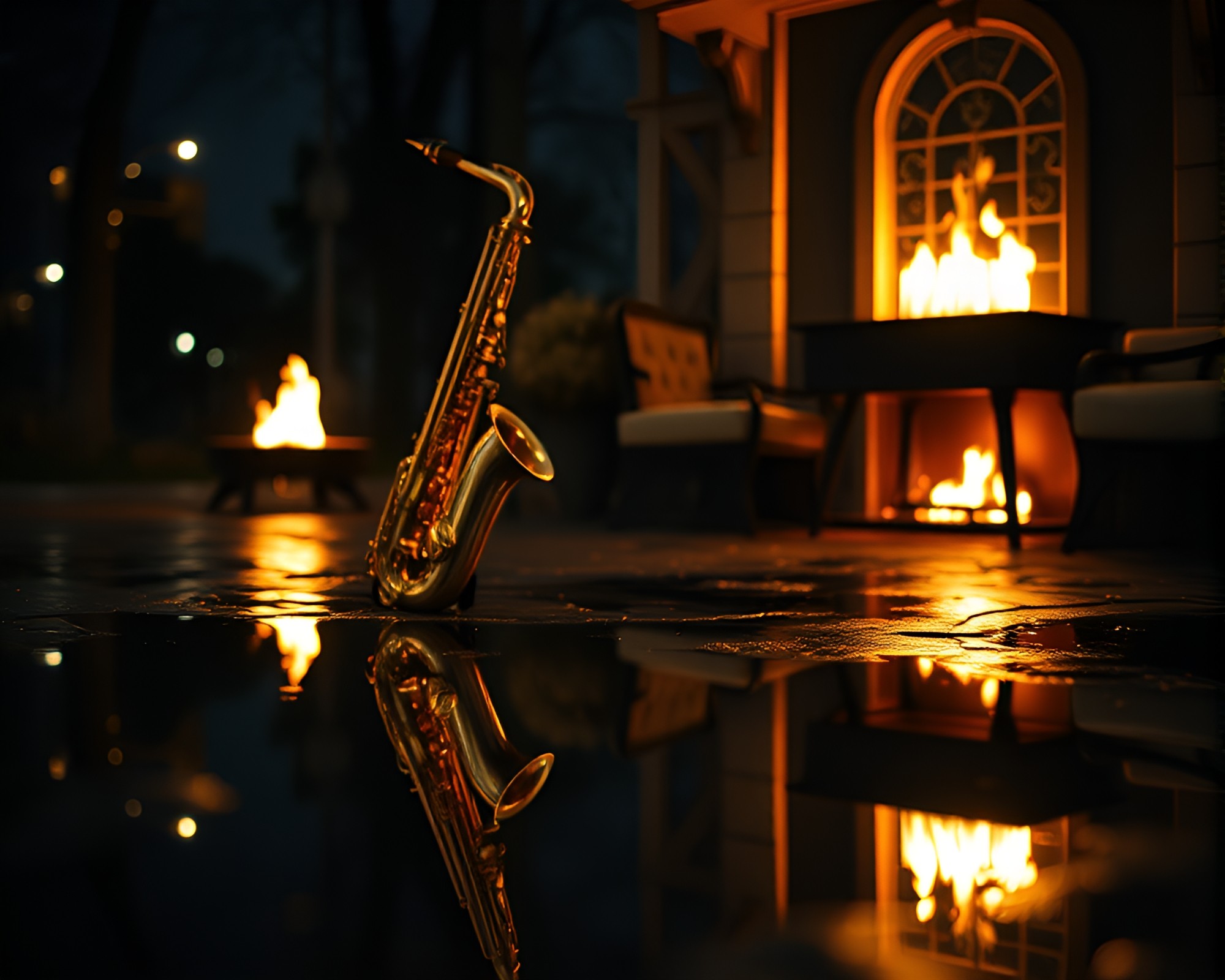 Saxophone Serenade by a Fireplace Reflection Cinemagraph – free AI stock image