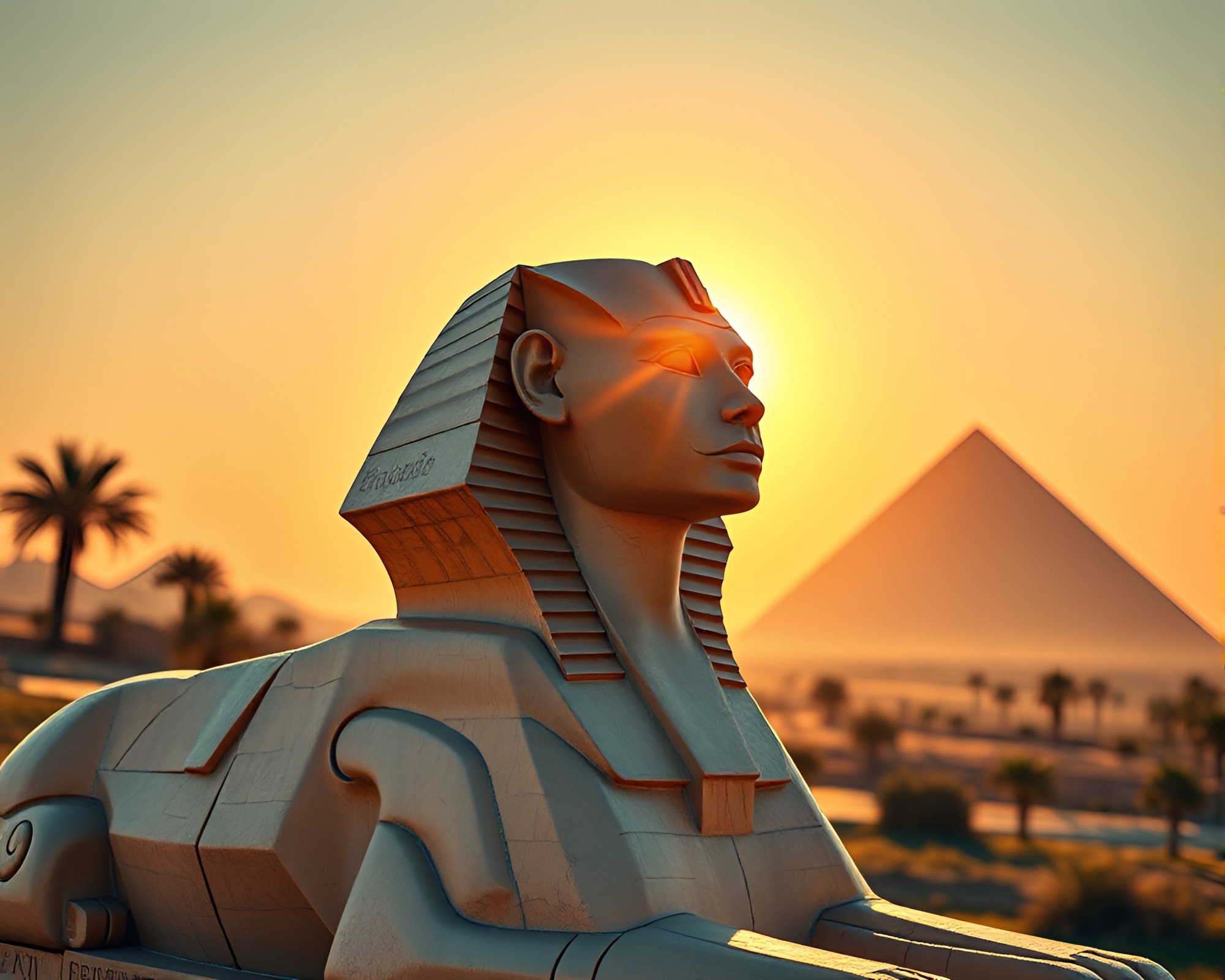 Sphinx Statue in Retro Origami Lens Sunburst – free AI stock image