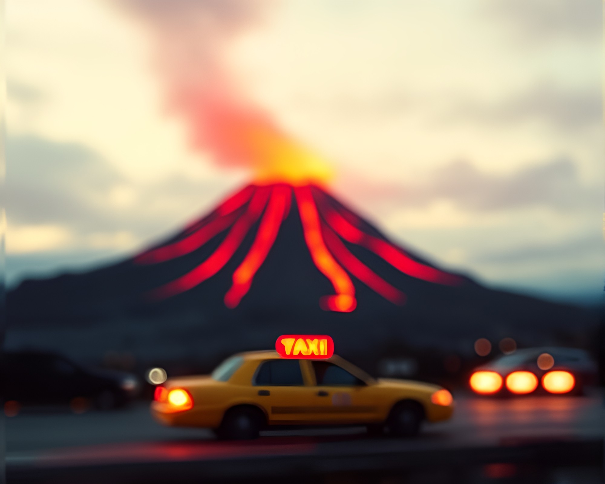 Blurred Taxi Speeding by Volcano Crater at Twilight – free AI stock image
