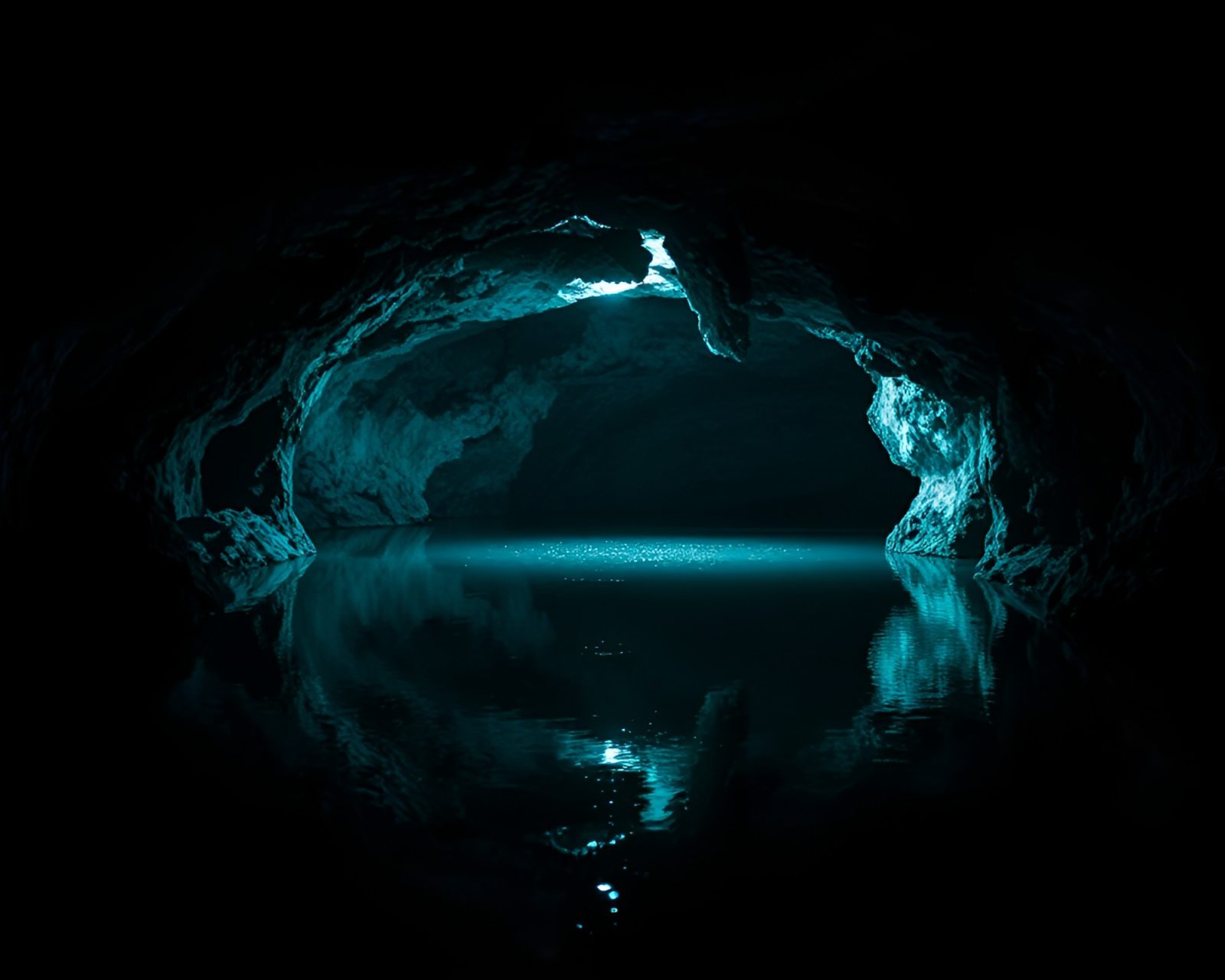 Mysterious cavern with eerie halftone patterns reflecting on water