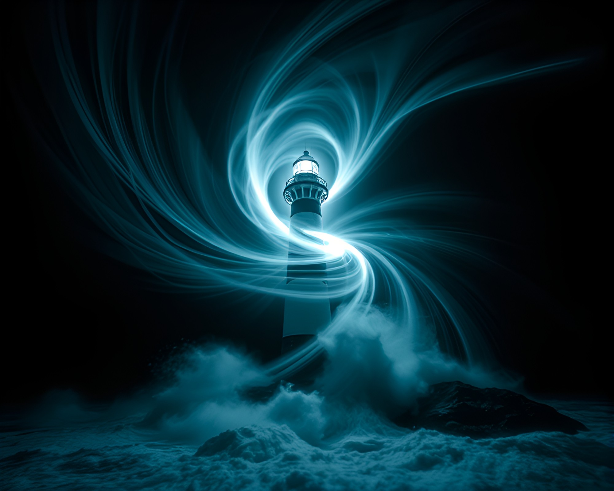 Twisting Vortex of Light: Noir Lighthouse Fantasy – free AI stock image