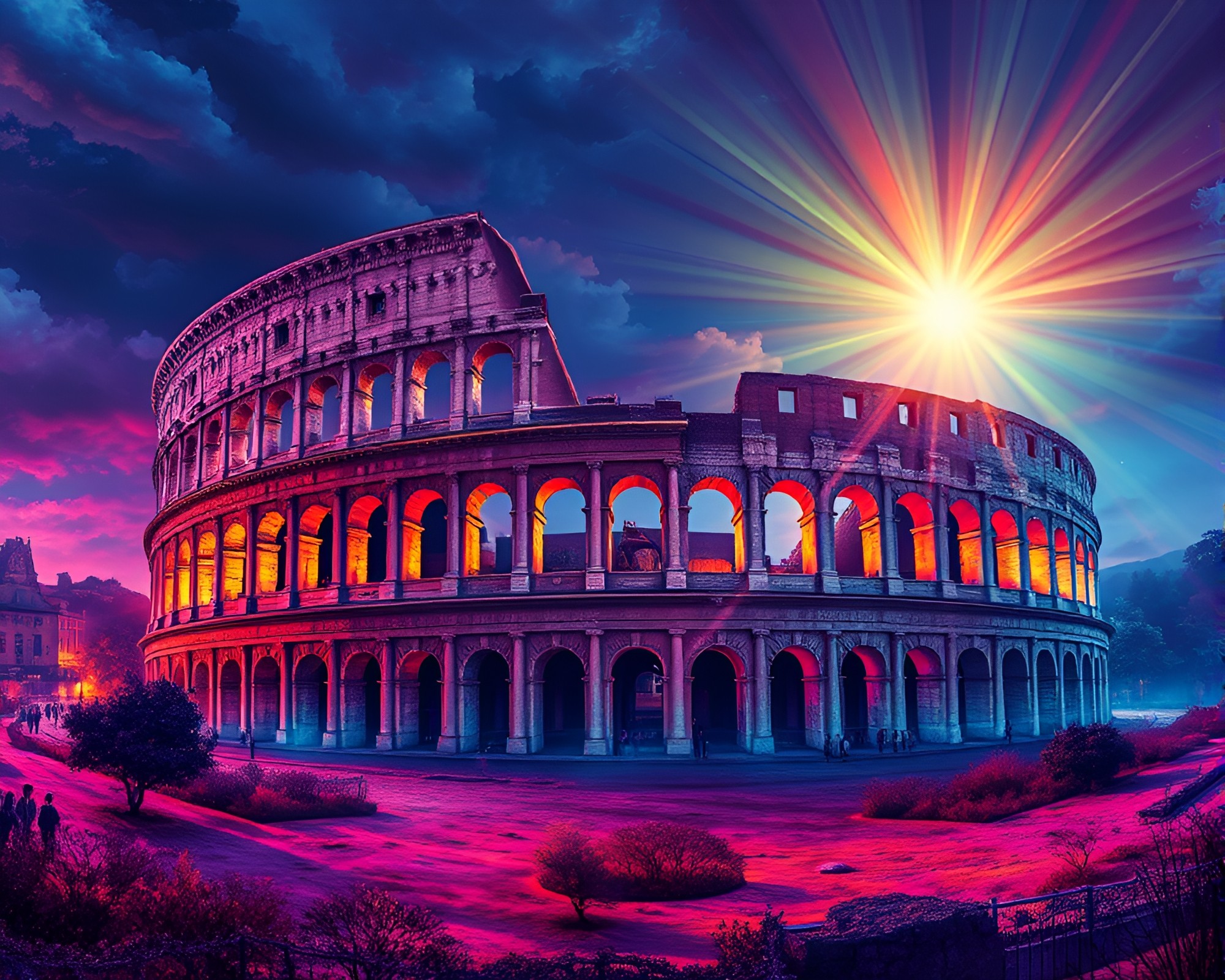 Vibrant Neon Roman Coliseum Backscatter Flare – free AI stock image