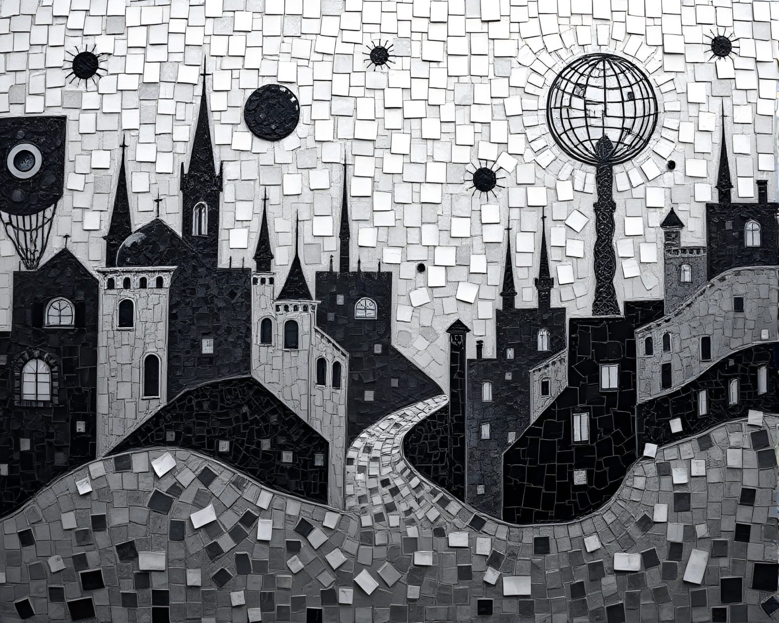 Gray tones mosaic surreal dreamscape with street art tags