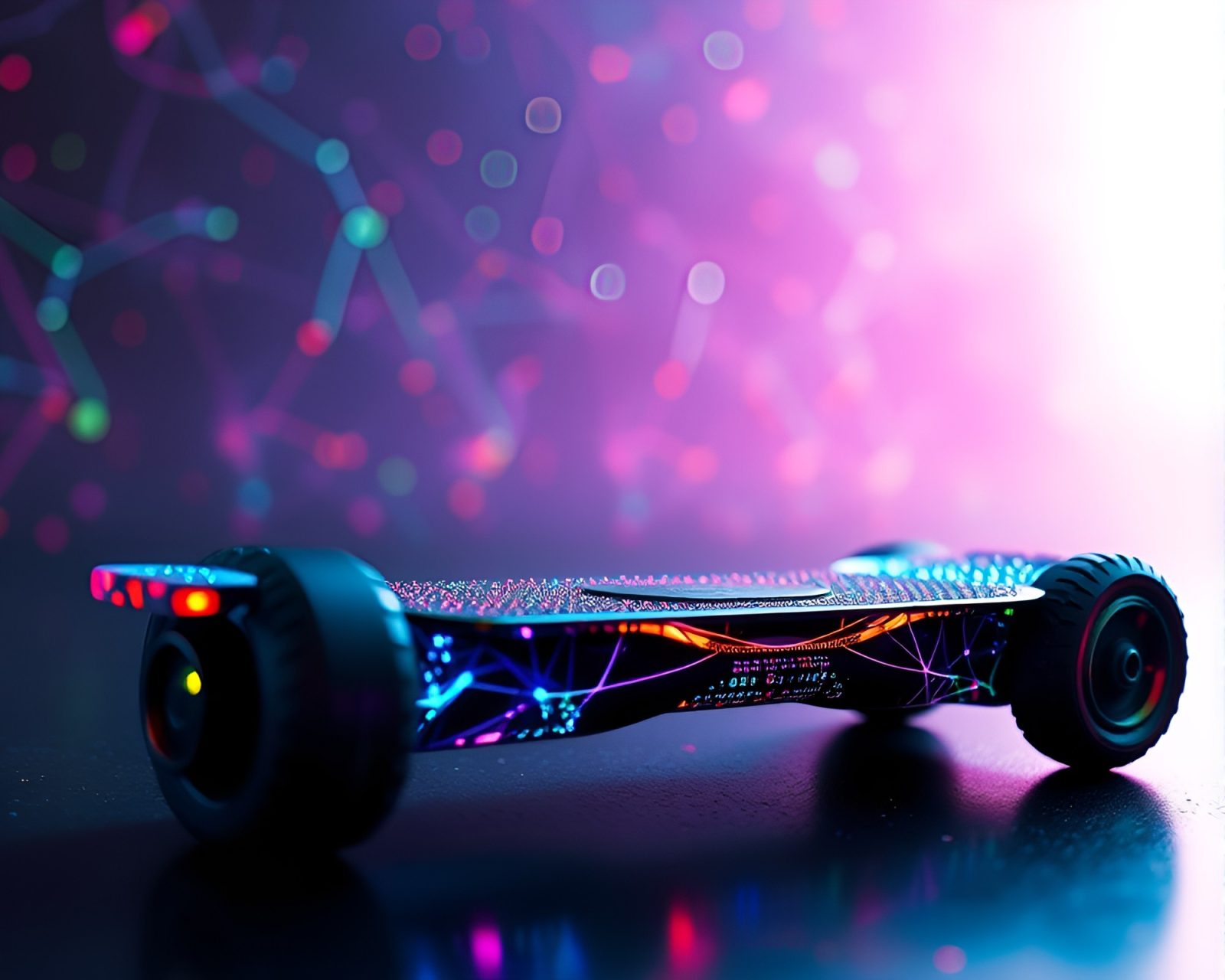 Medium shot of futuristic hoverboard in vivid triadic colors