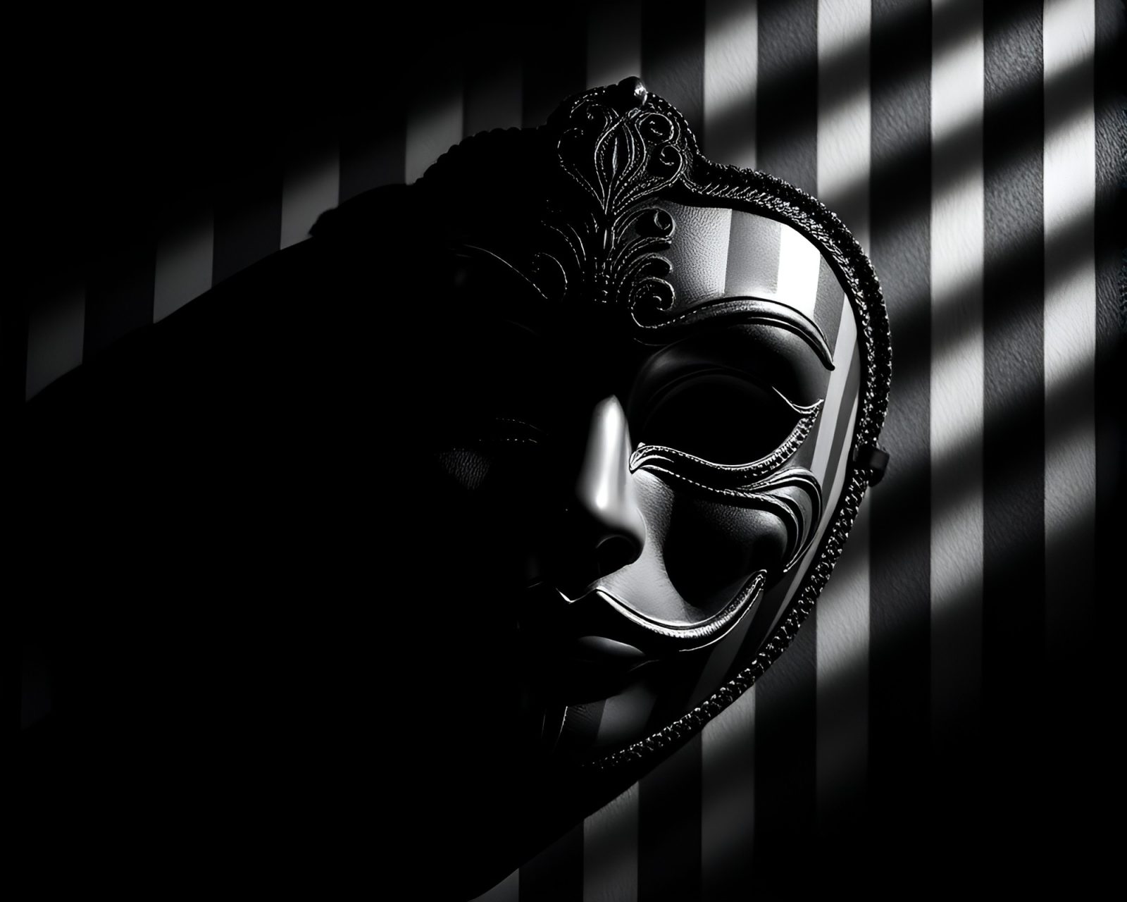 Mysterious Venetian mask amidst charcoal black stripes and shadows