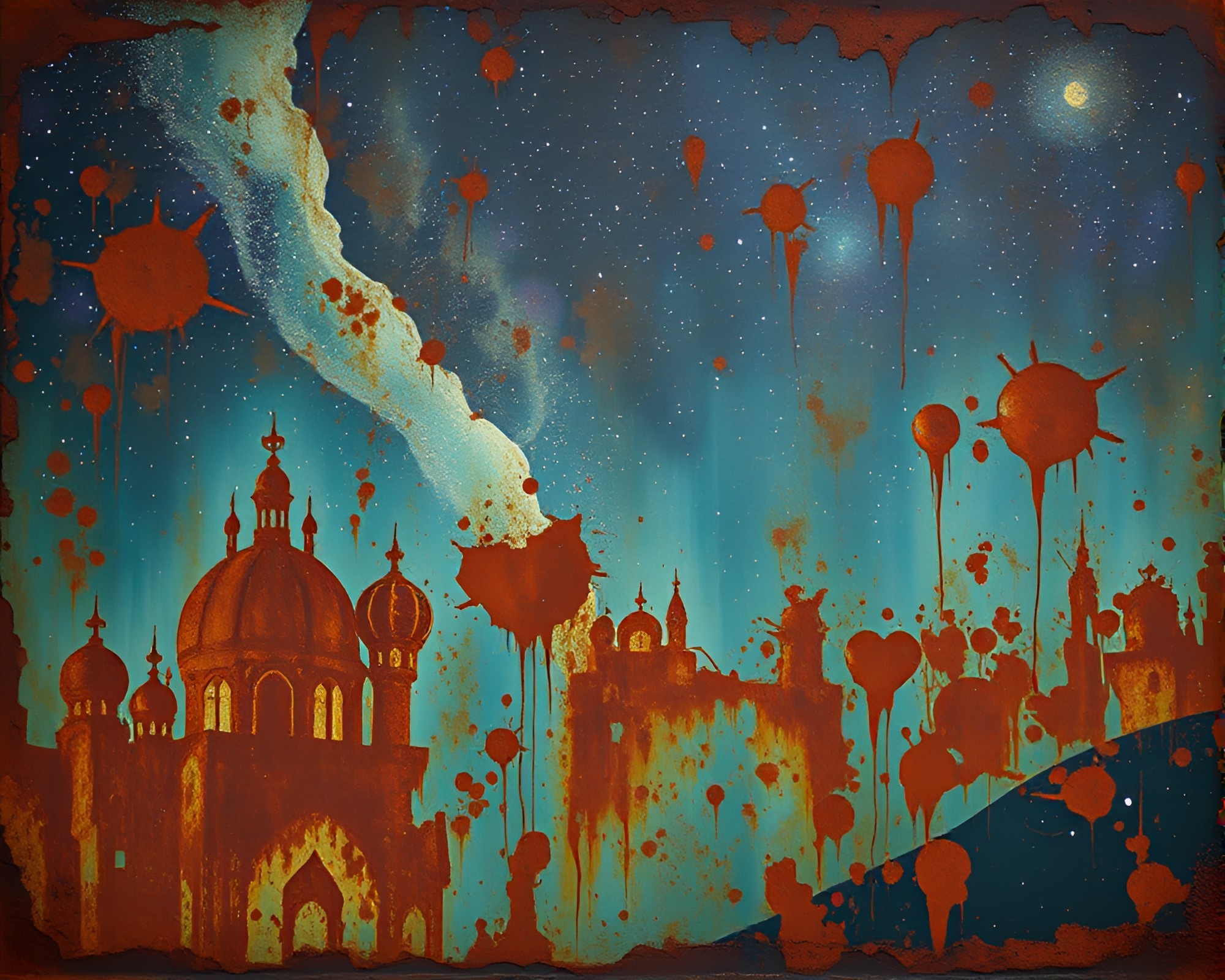 Eldritch Lovecraftian Horror Mural Under Starlit Sky – free AI stock image