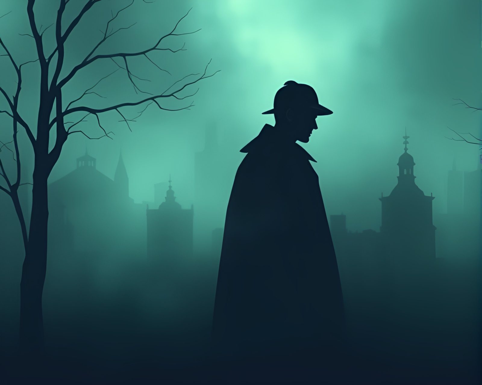 Silhouette of Sherlock Holmes in retro foggy setting