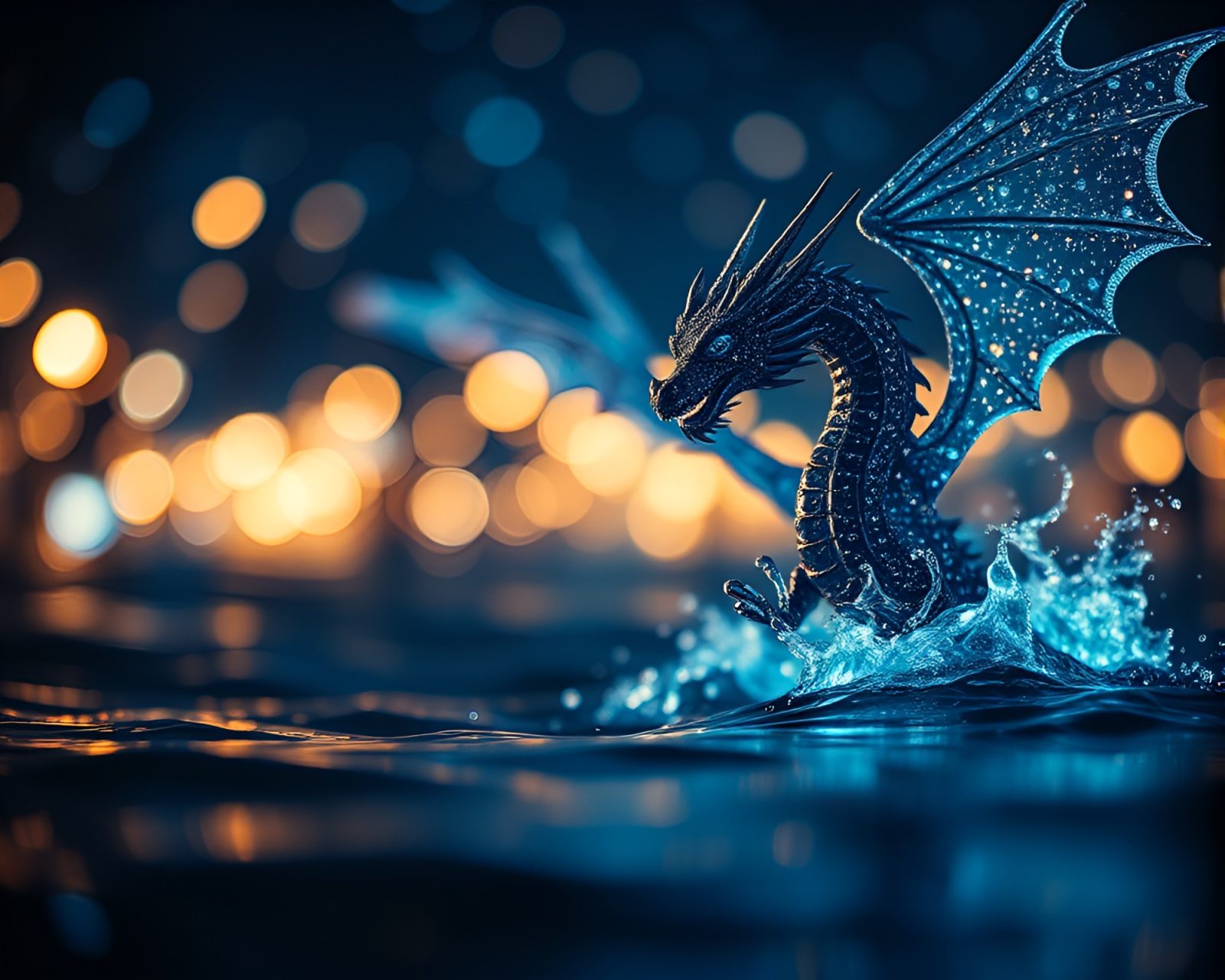 Majestic dragon amidst distorted water and bokeh lights