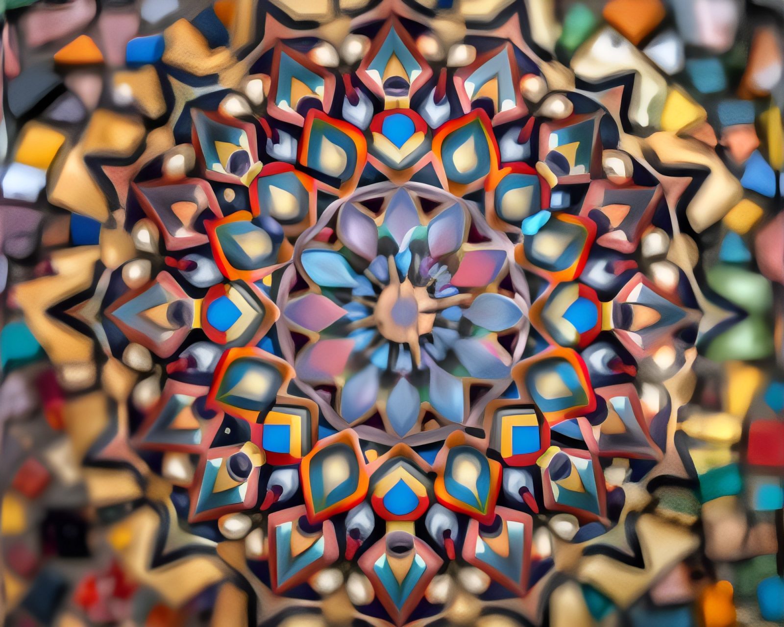 Colorful broken mosaic pieces with blurred background in graffiti hues