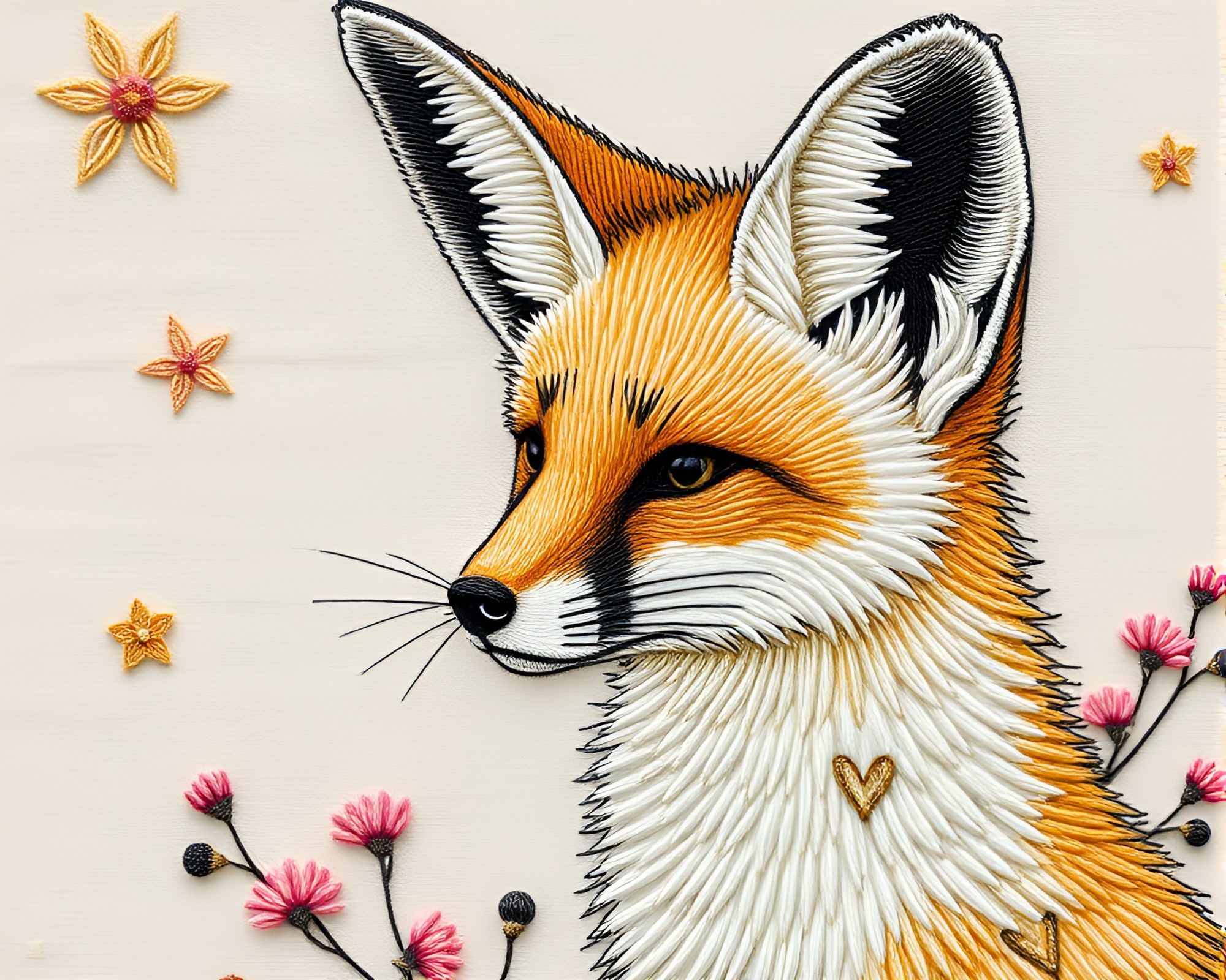Dadaist Fennec Fox Embroidery in Pastel Shades – free AI stock image
