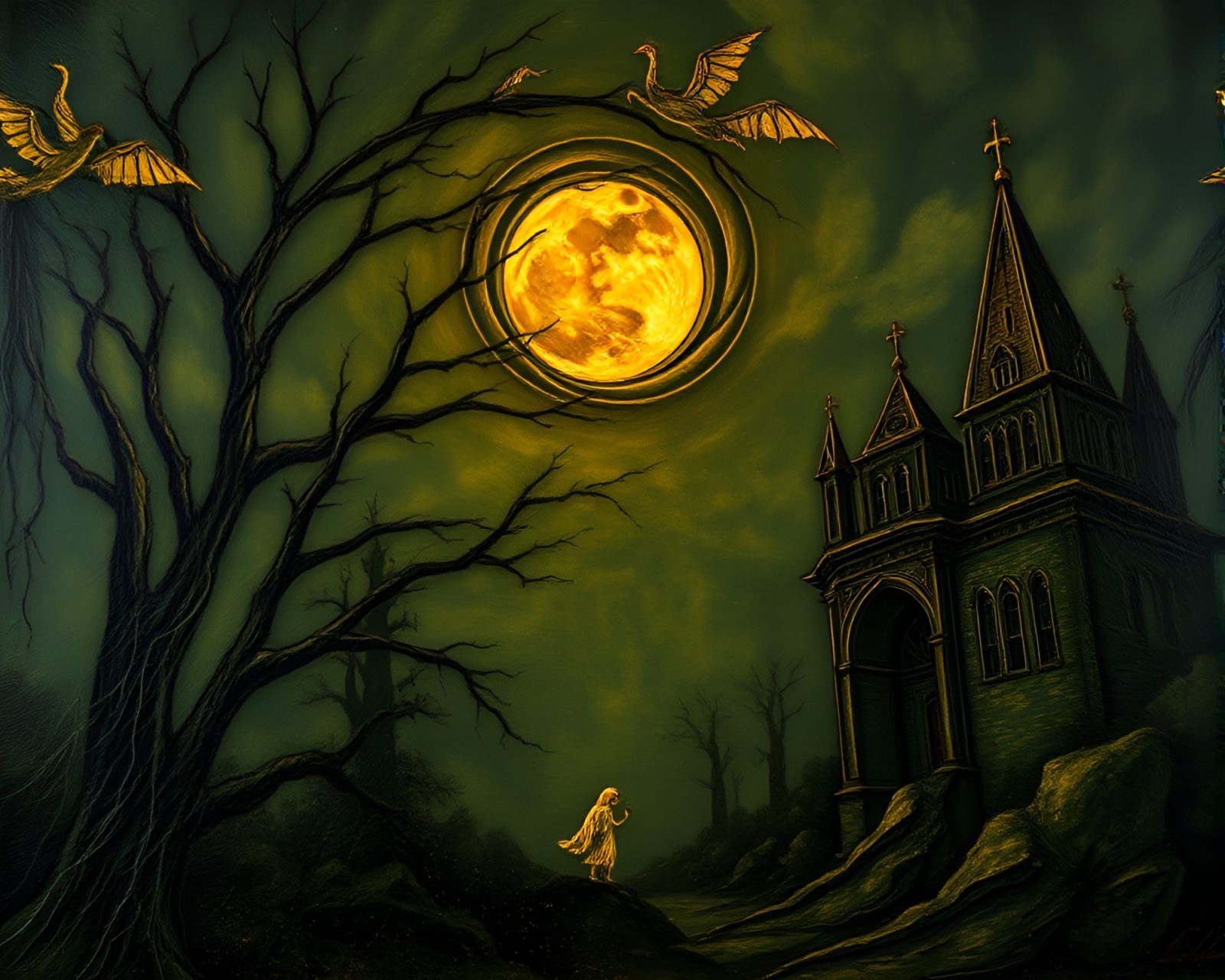 Dark, gilded fresco depicting gothic horror scenes in noir lighting