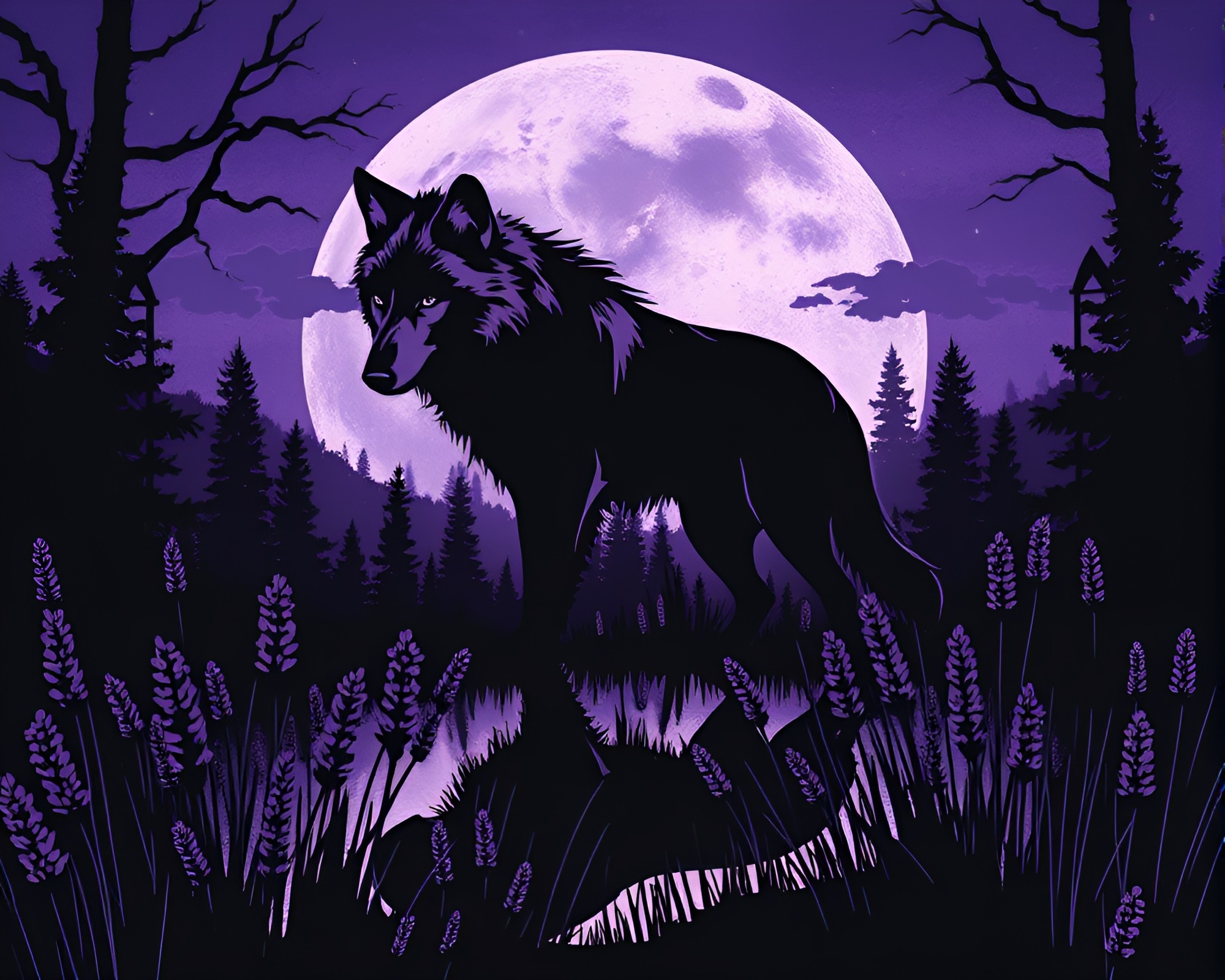 Lavender Twilight Werewolf: Stencil Art Reflection – free AI stock image