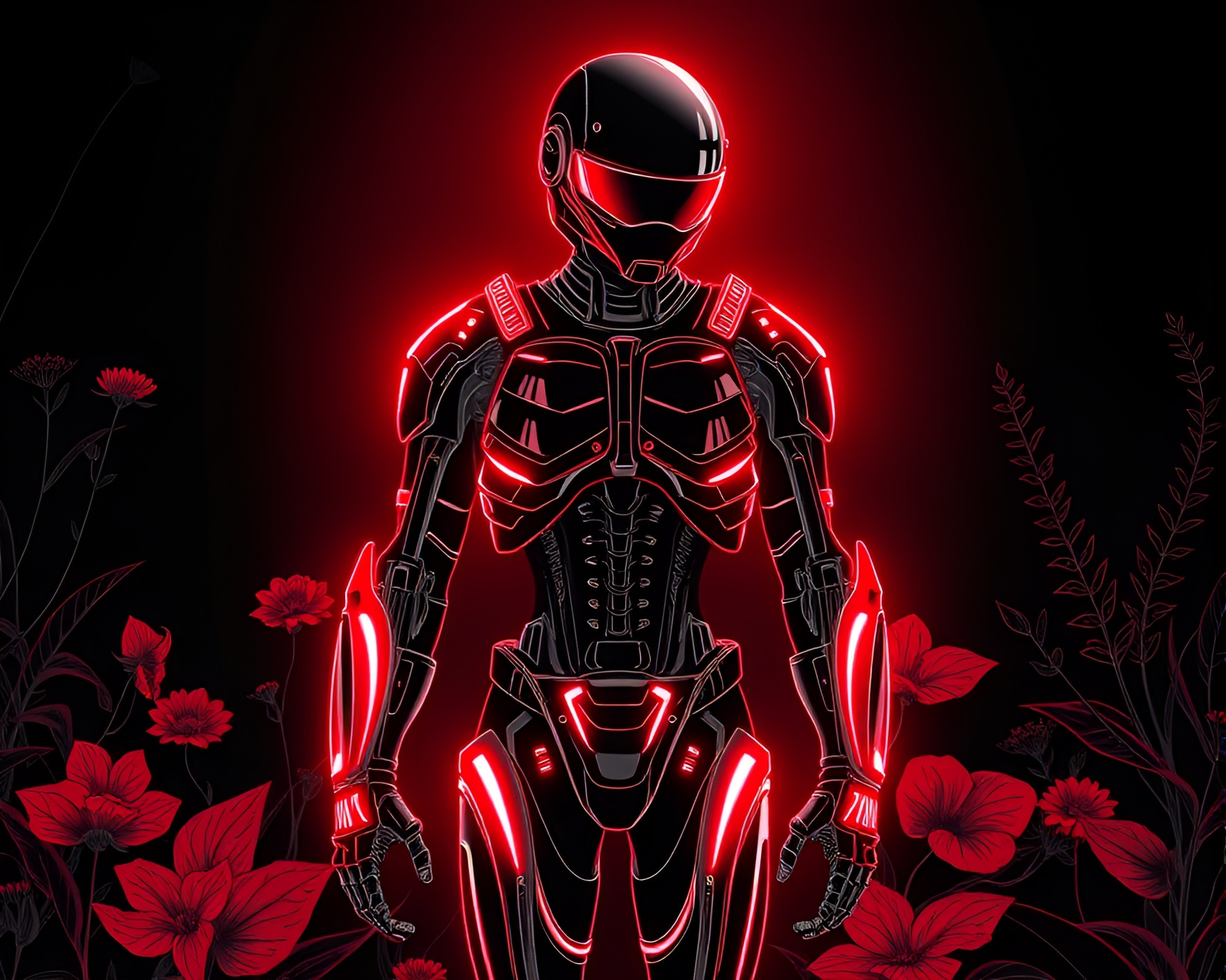 Neon Exoskeleton in Monochrome Red Botanical Glow – free AI stock image