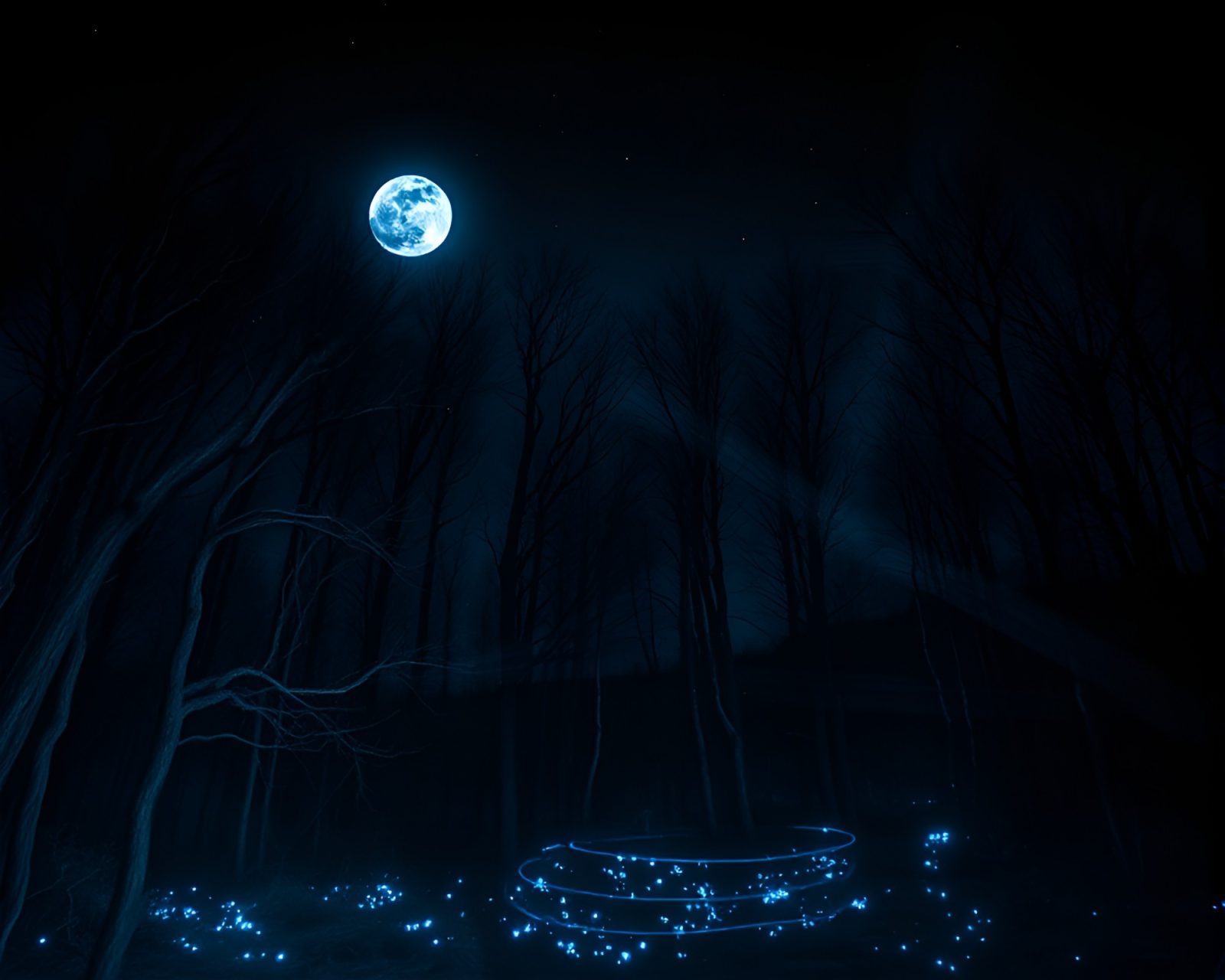 Enchanting forest at night with chalky smudges and glowing plants