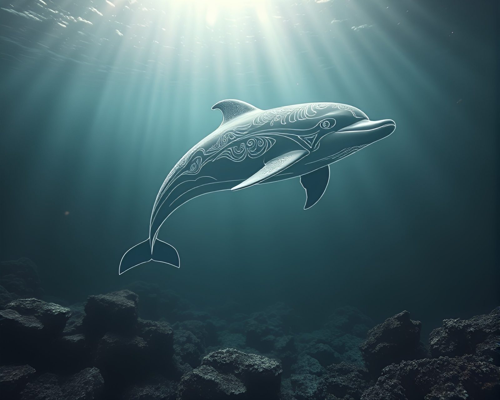 Black and white line art of dolphin bathed in celestial light