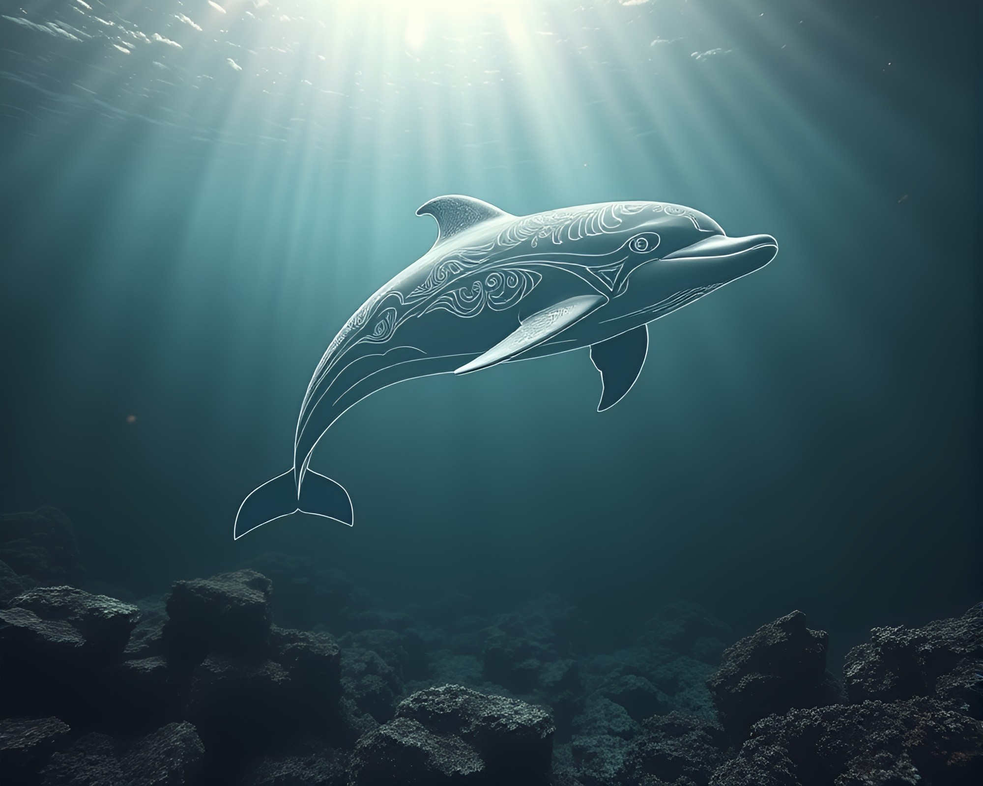 Dolphin amidst heavenly god rays created with focus stacking – free AI stock image