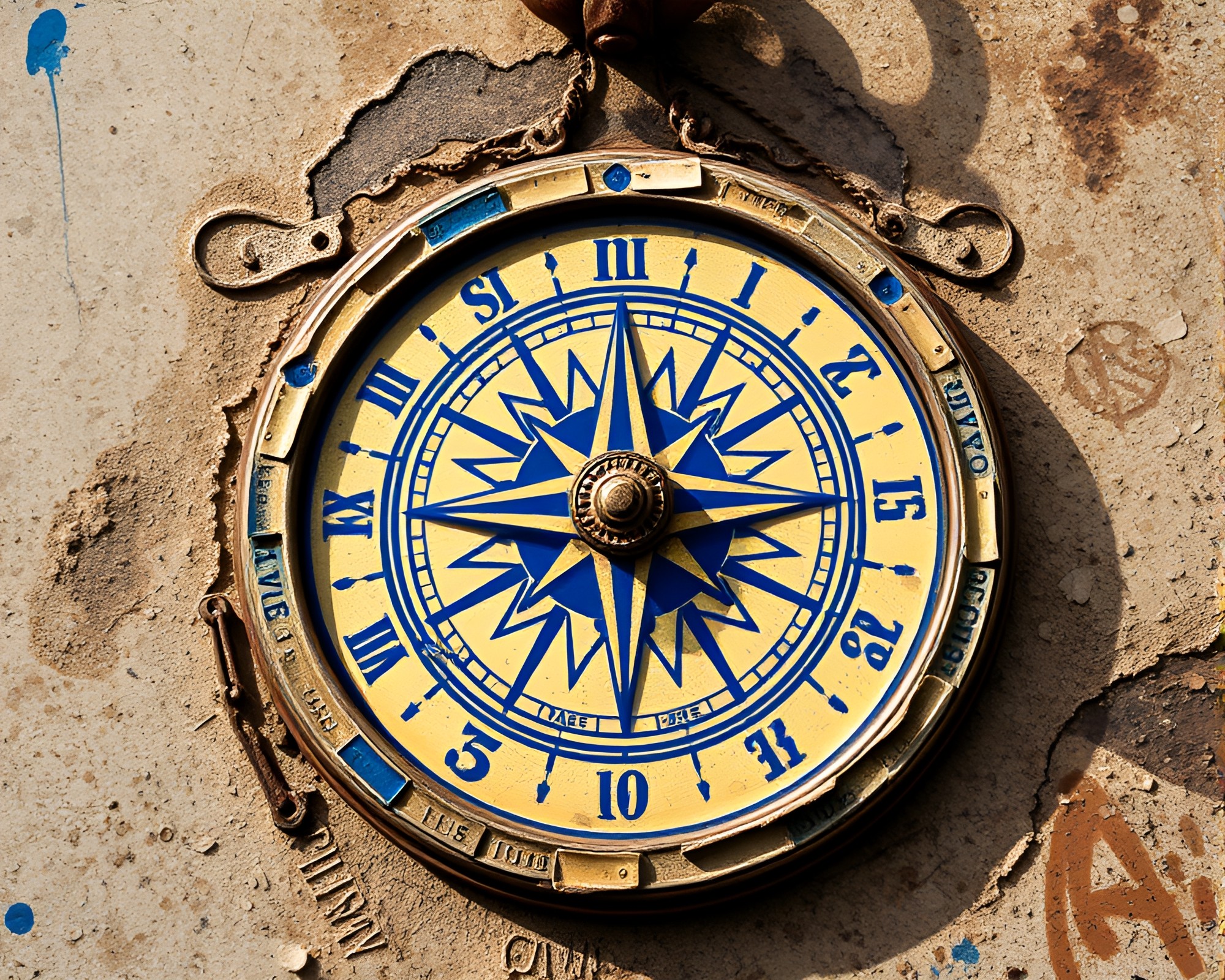 Pocket Sundial Street Art in Sepia with Cobalt Accents – free AI stock image
