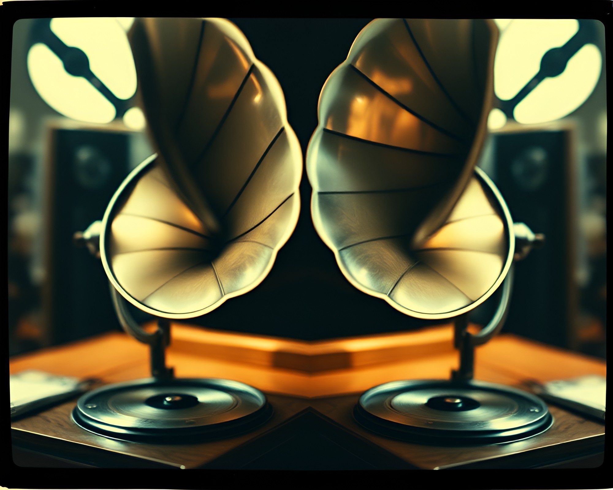 Steampunk Gramophone in Retro Polaroid Frame – free AI stock image