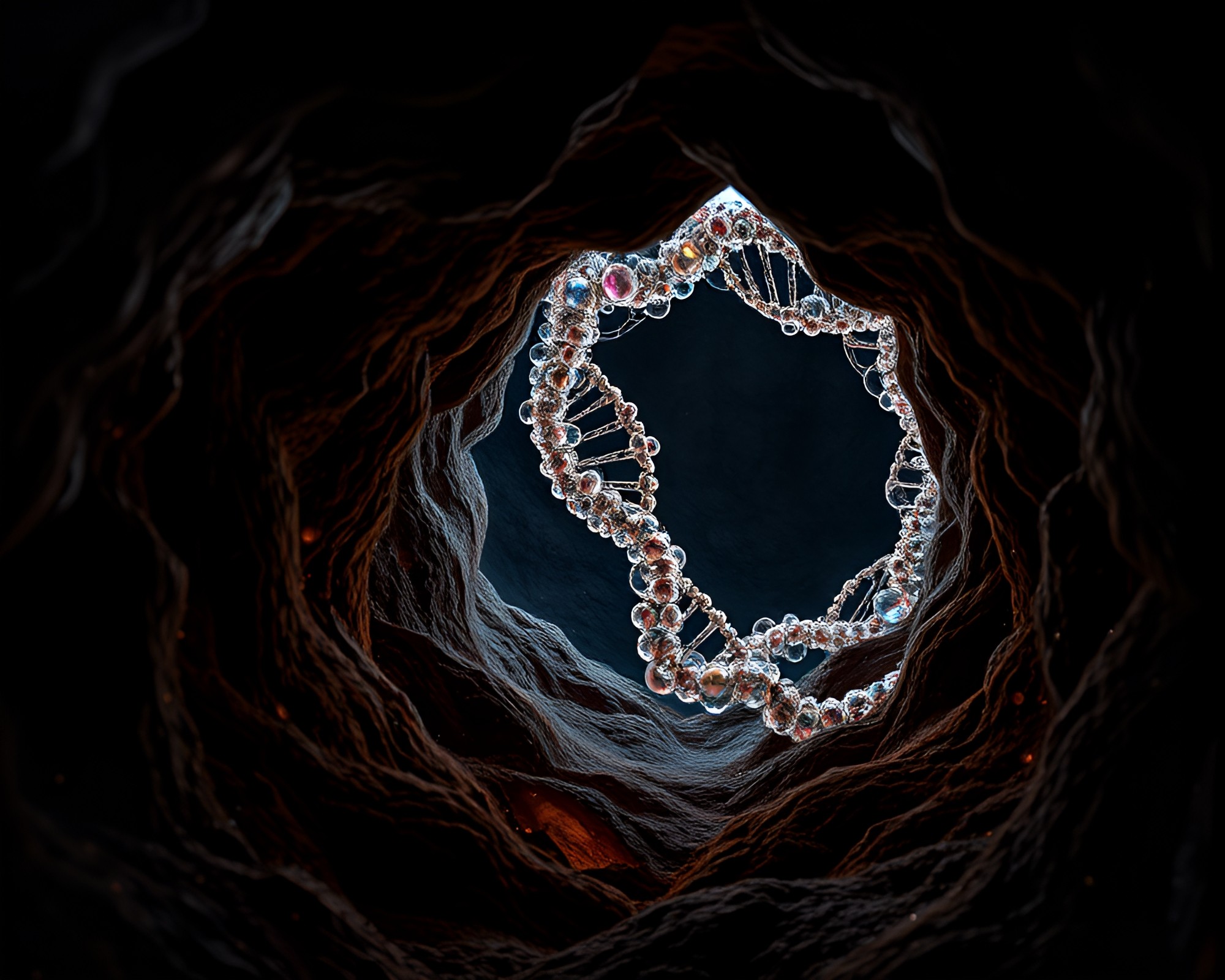 Fractal DNA Helix in Dark Cave Bubble Clusters – free AI stock image