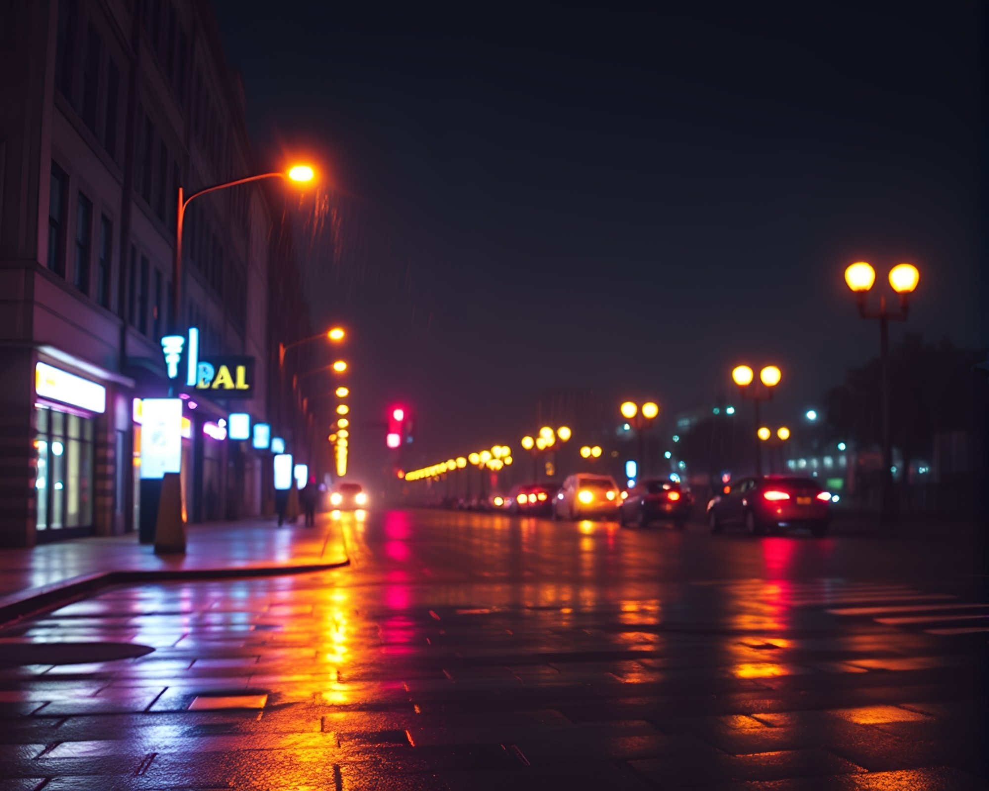 Neon Gradient Lamp Lights Reflecting on Wet Pavement – free AI stock image