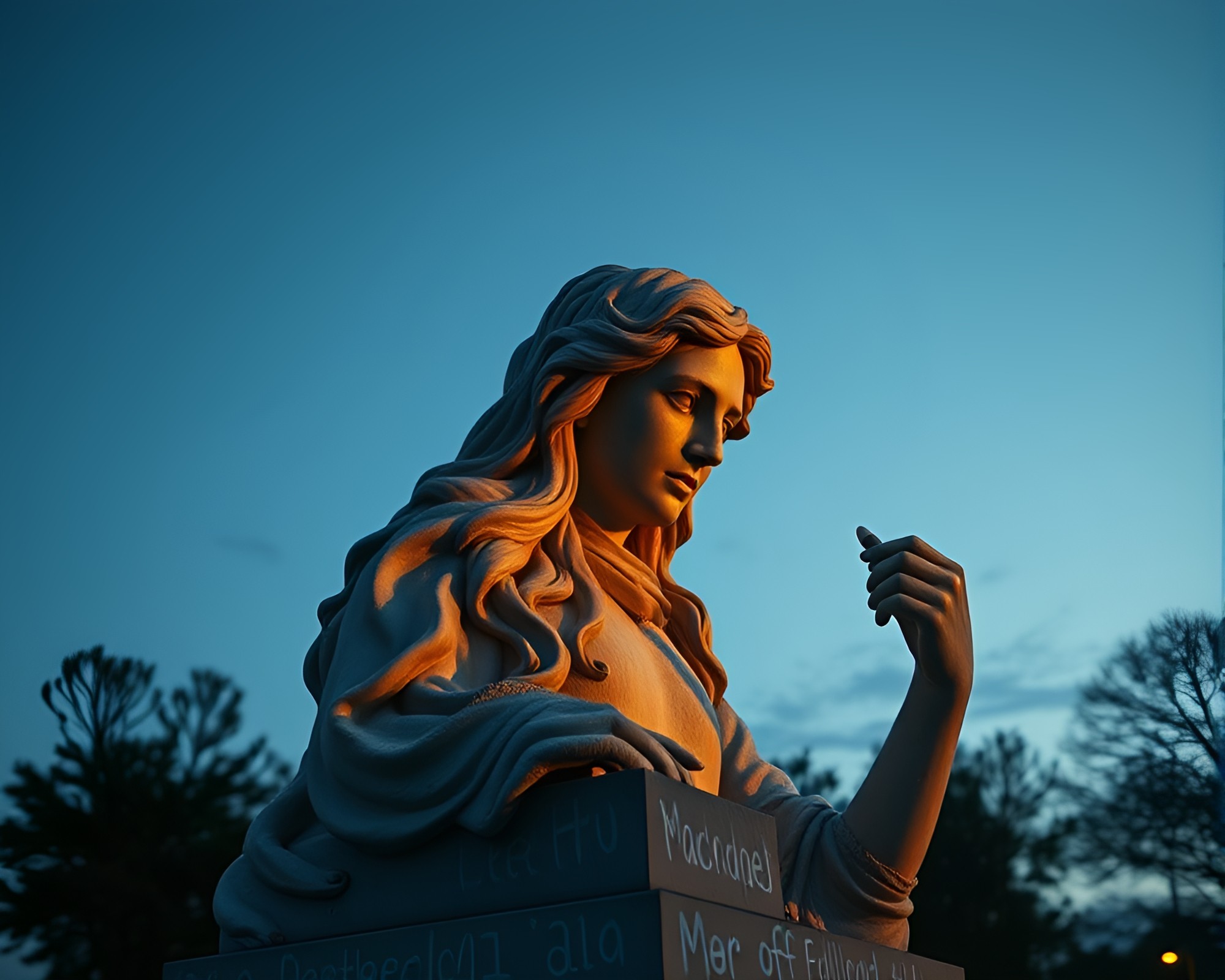Chalk Scrawls Adorn Golden Hour Statue in Hair Simulation Style – free AI stock image