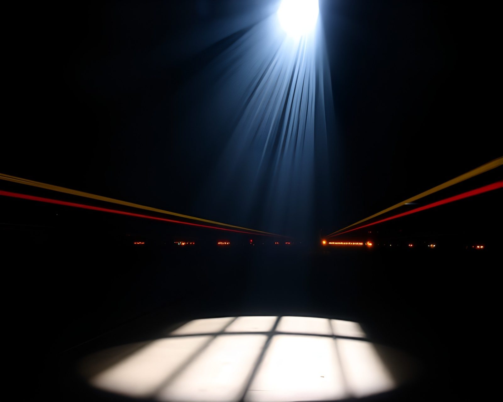 Futuristic weapon in shadowed attic with train light streaks