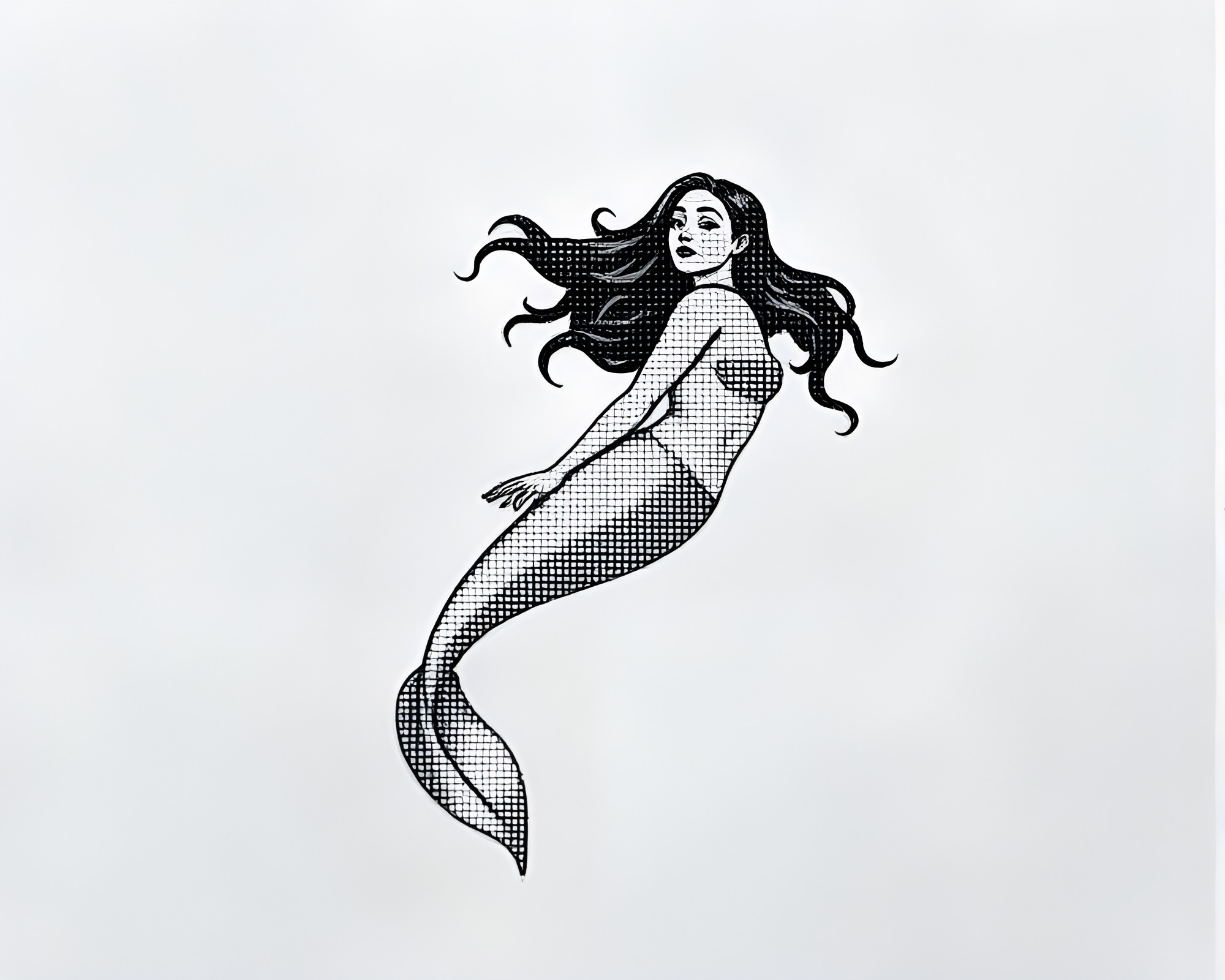 Enigmatic Mermaid Embracing Halftone Grid in Grayscale Serenity – free AI stock image