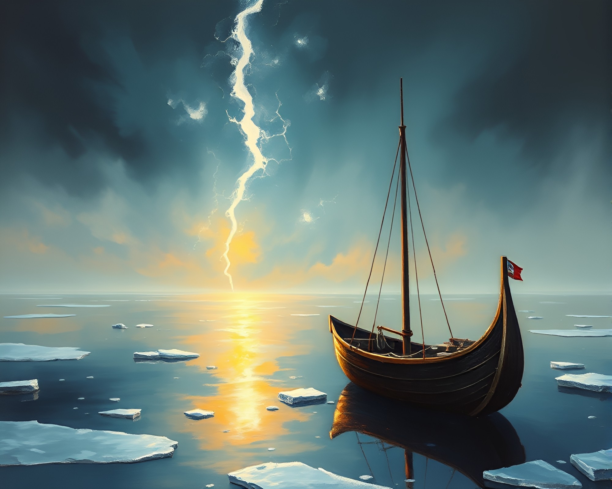 Viking longship in ice reflection crack – free AI stock image